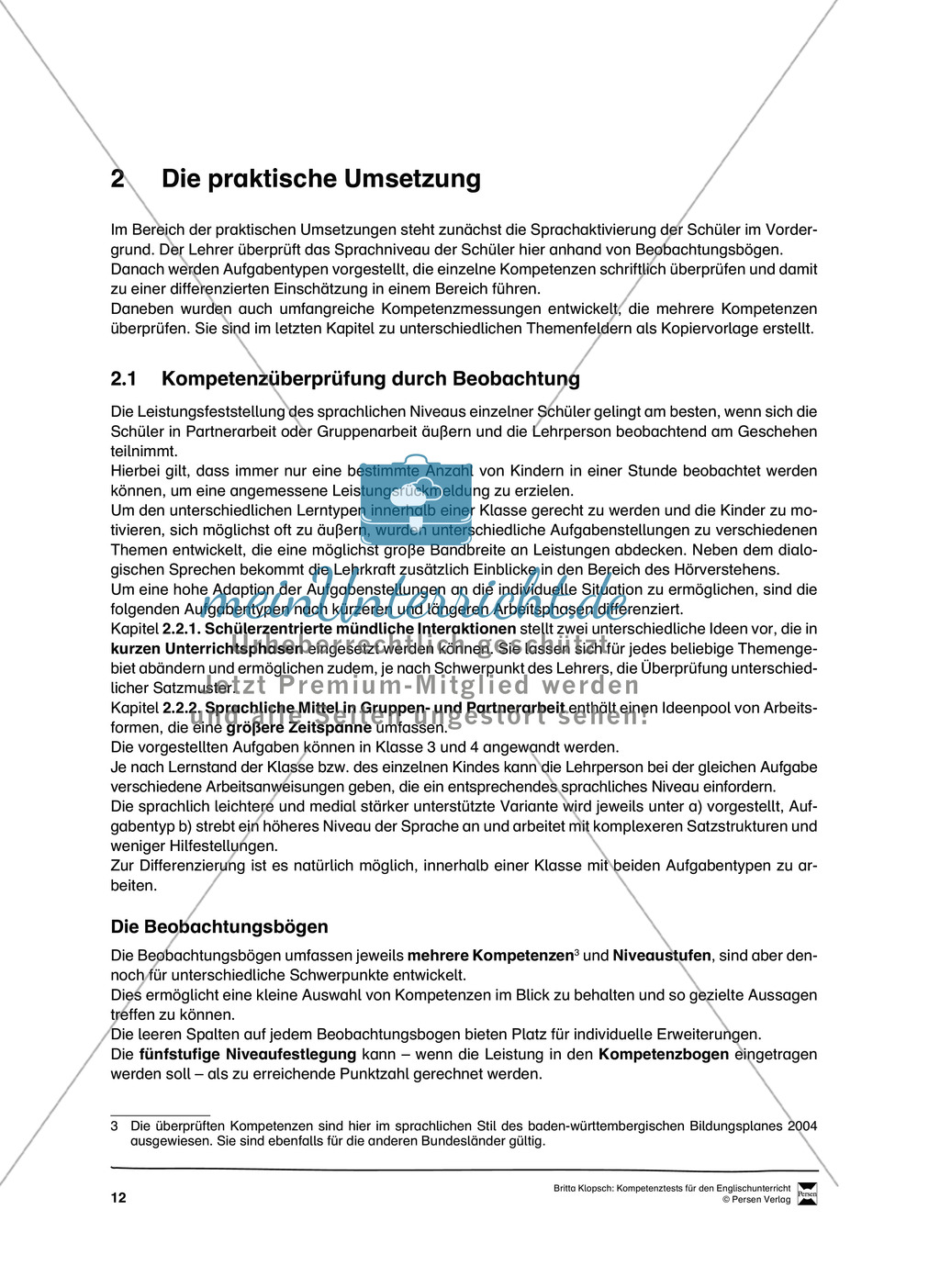 Die praktische Umsetzung - Kompetenzüberprüfung durch Beobachtung: Vorgehensweise + Beobachtungsbögen Preview 1