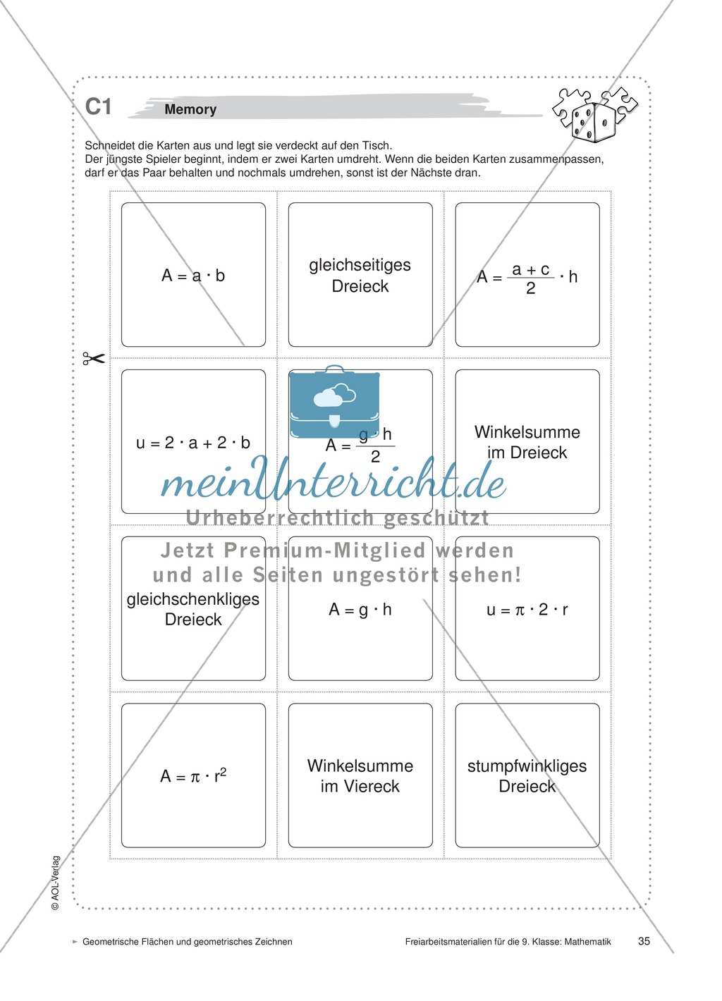 Geometrie: Memory-Spiel zu Flächeninhalt, Umfang und Winkelsumme von geometrischen Figuren Preview 1
