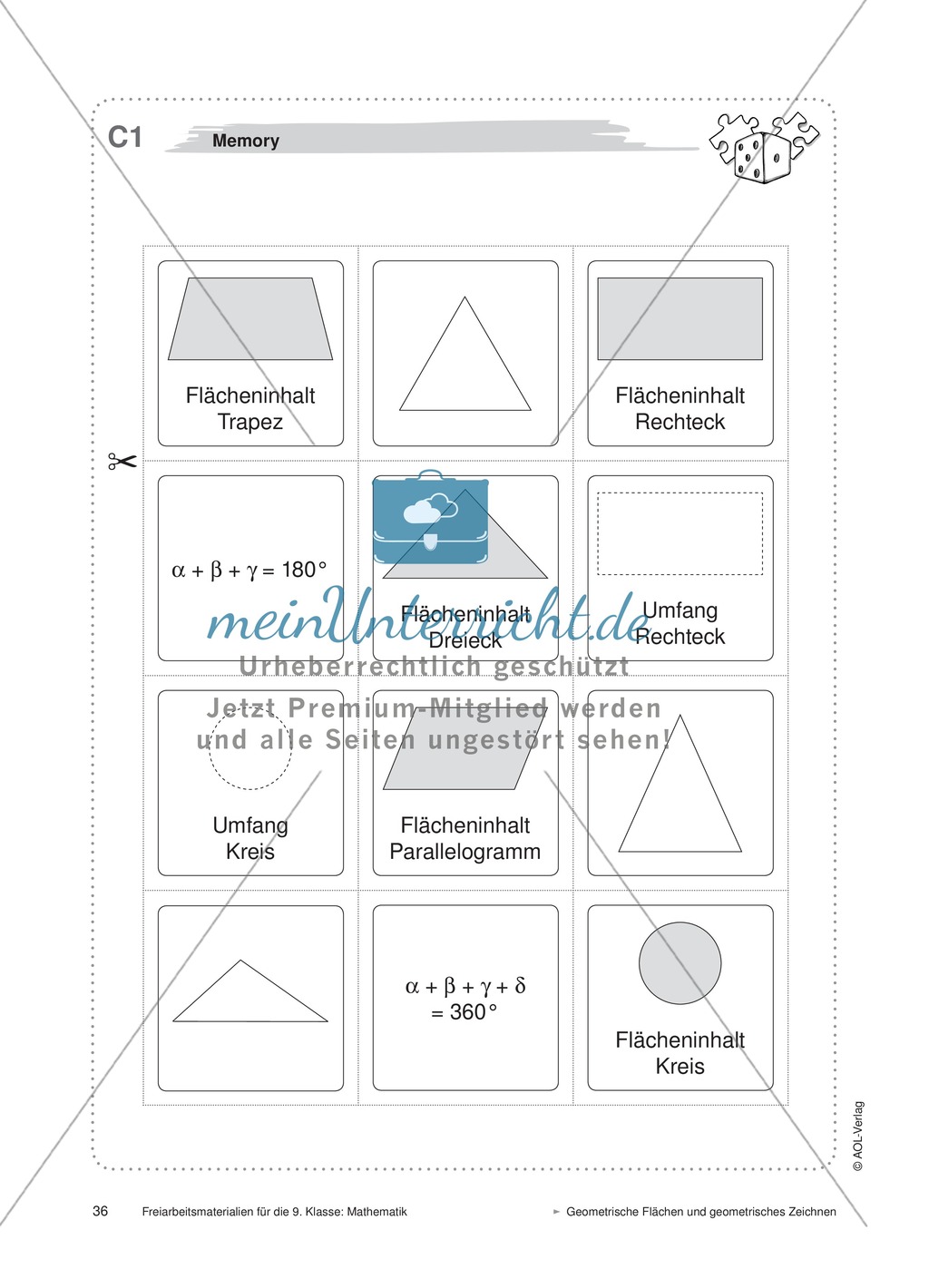 Geometrie: Memory-Spiel zu Flächeninhalt, Umfang und Winkelsumme von geometrischen Figuren Preview 2