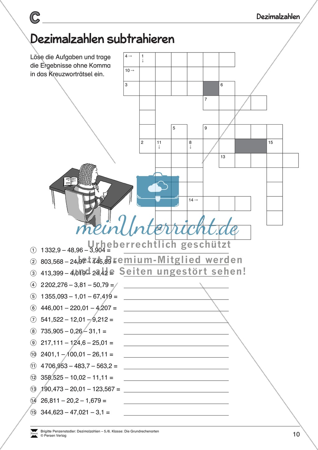 Arithmetik: Übungen zur Addition und Subtraktion von Dezimalzahlen. Mit Lösungen. Preview 6