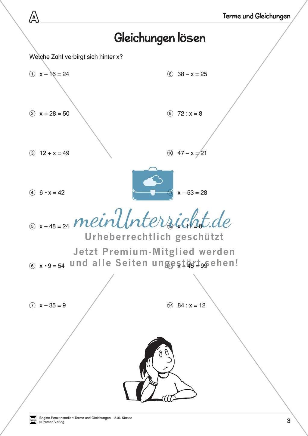 Algebra: Aufgaben und Lösungen zum Lösen von Gleichungen Preview 1