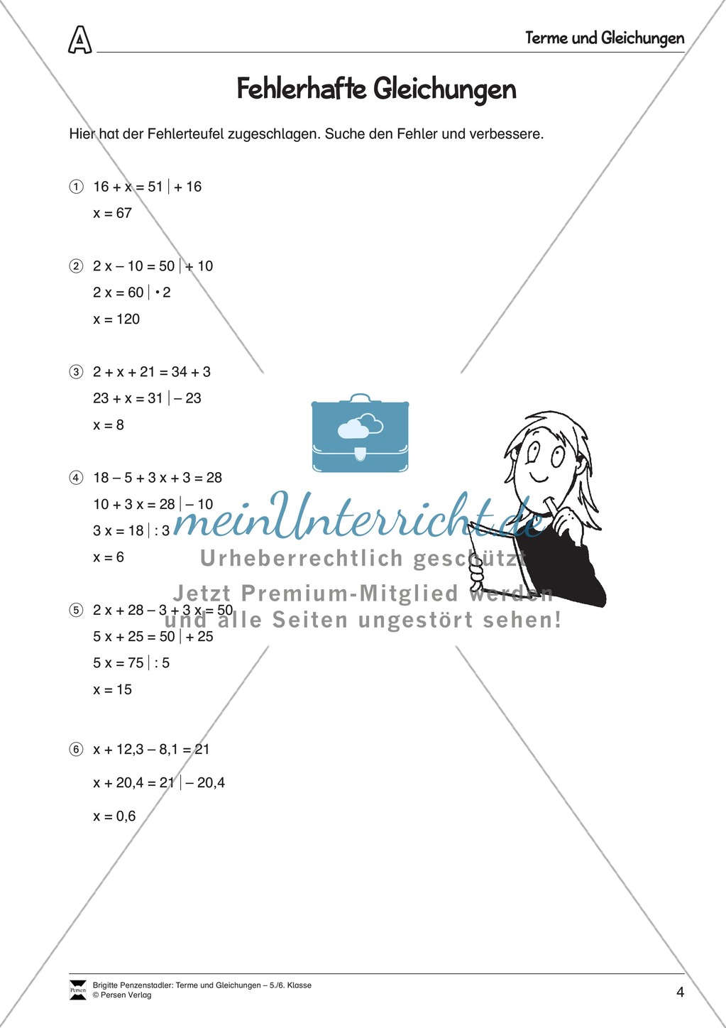 Algebra: Aufgaben und Lösungen zur Korrektur von fehlerhaften Gleichungen Preview 1