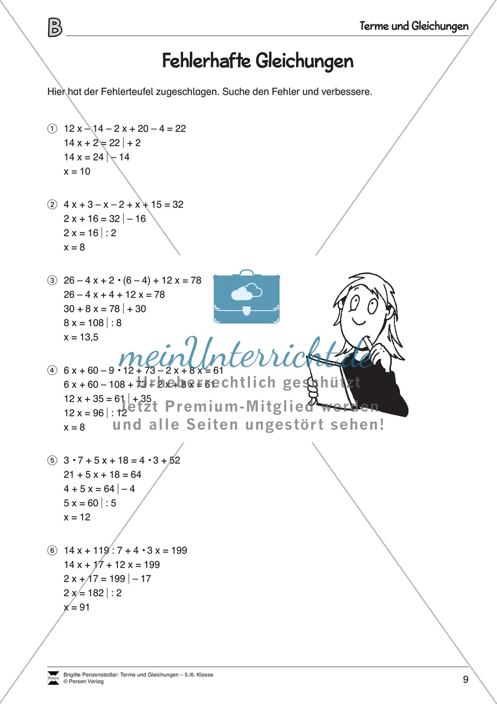 Algebra: Aufgaben und Lösungen zur Korrektur von fehlerhaften Gleichungen Preview 2