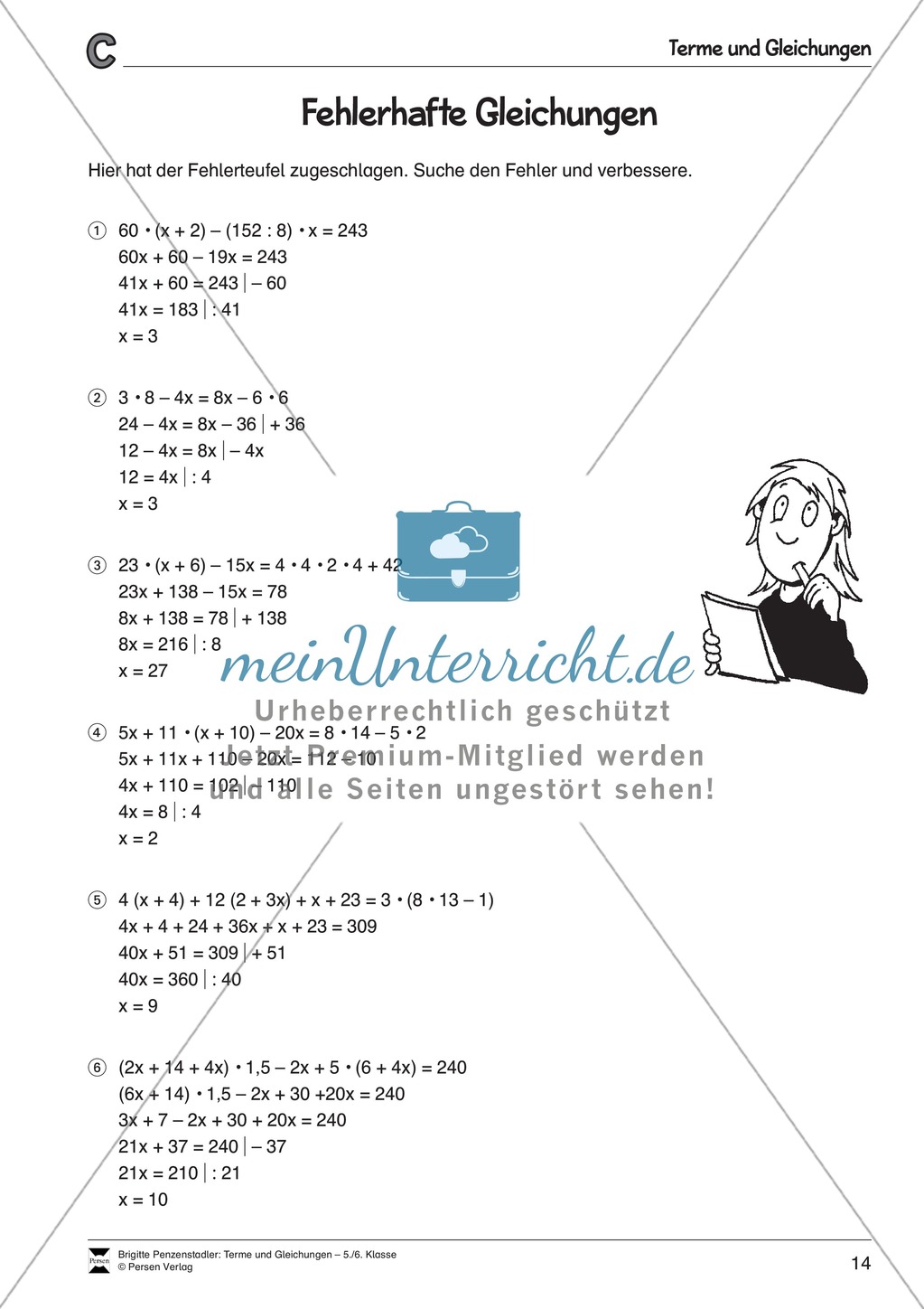 Algebra: Aufgaben und Lösungen zur Korrektur von fehlerhaften Gleichungen Preview 3
