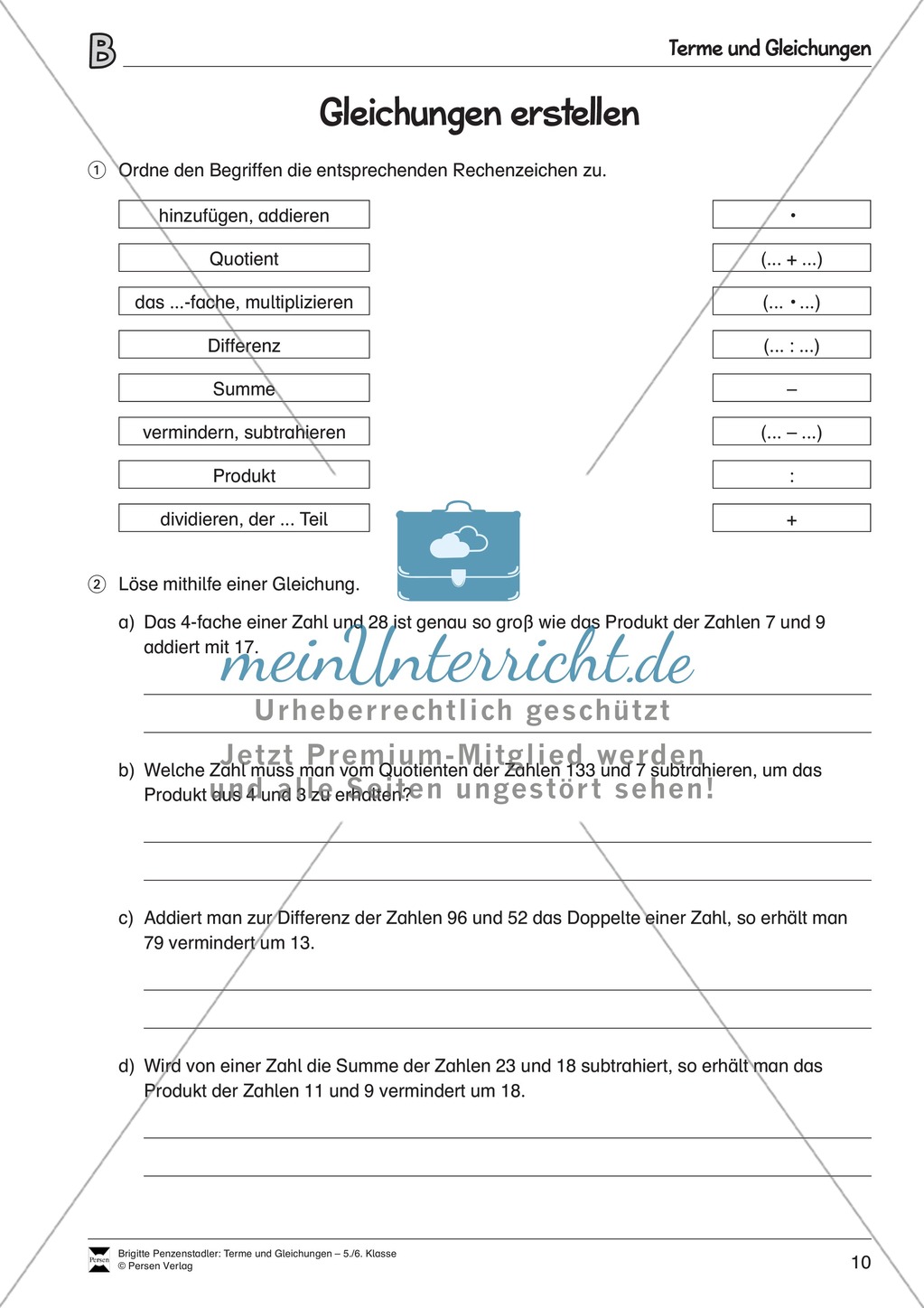 Algebra: Aufgaben und Lösungen zum Erstellen von Gleichungen Preview 2