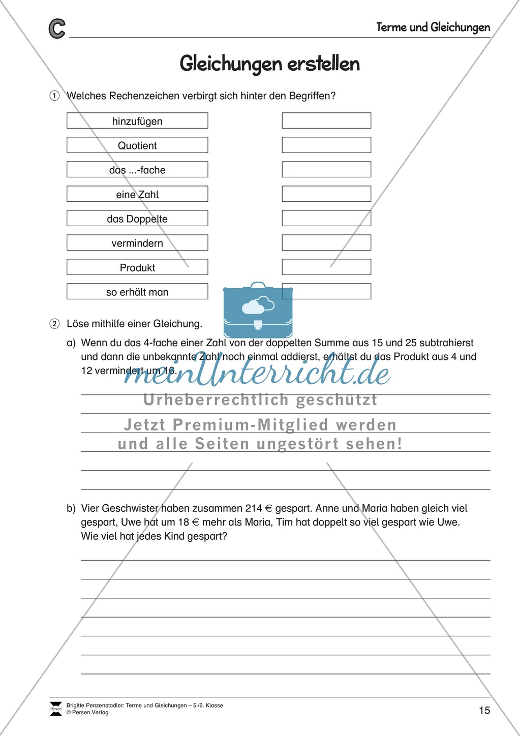 Algebra: Aufgaben und Lösungen zum Erstellen von Gleichungen Preview 3