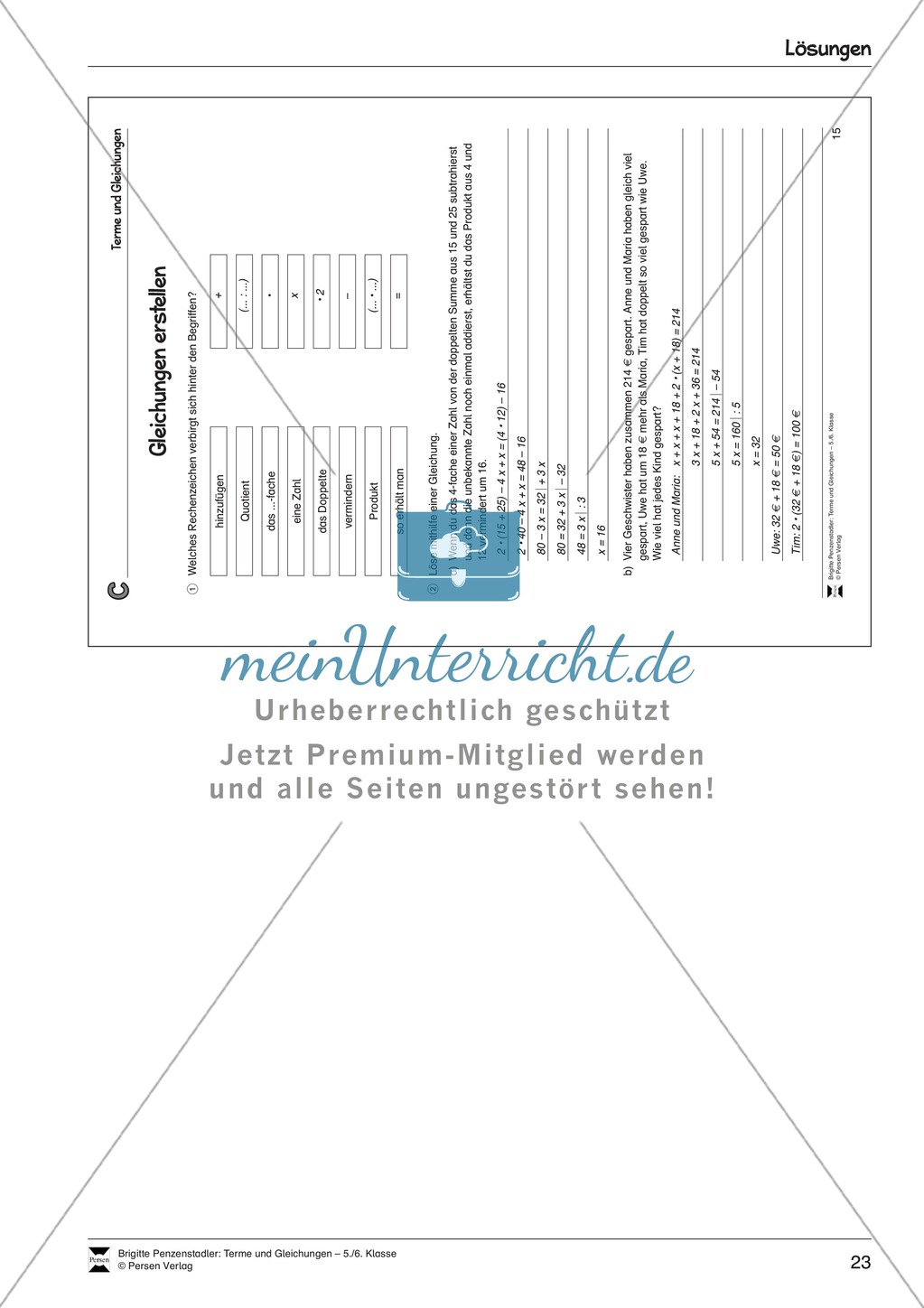 Algebra: Aufgaben und Lösungen zum Erstellen von Gleichungen Preview 6