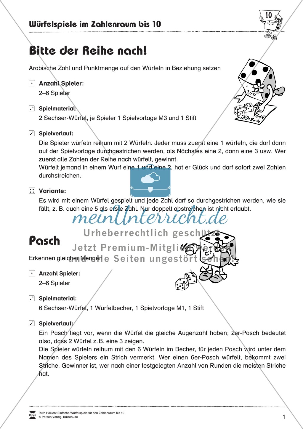 Würfelspiele im Zahlenraum bis 10: Erkennen von Mengen, Augenzahl und Arabische Zahl in Beziehung setzen Preview 1