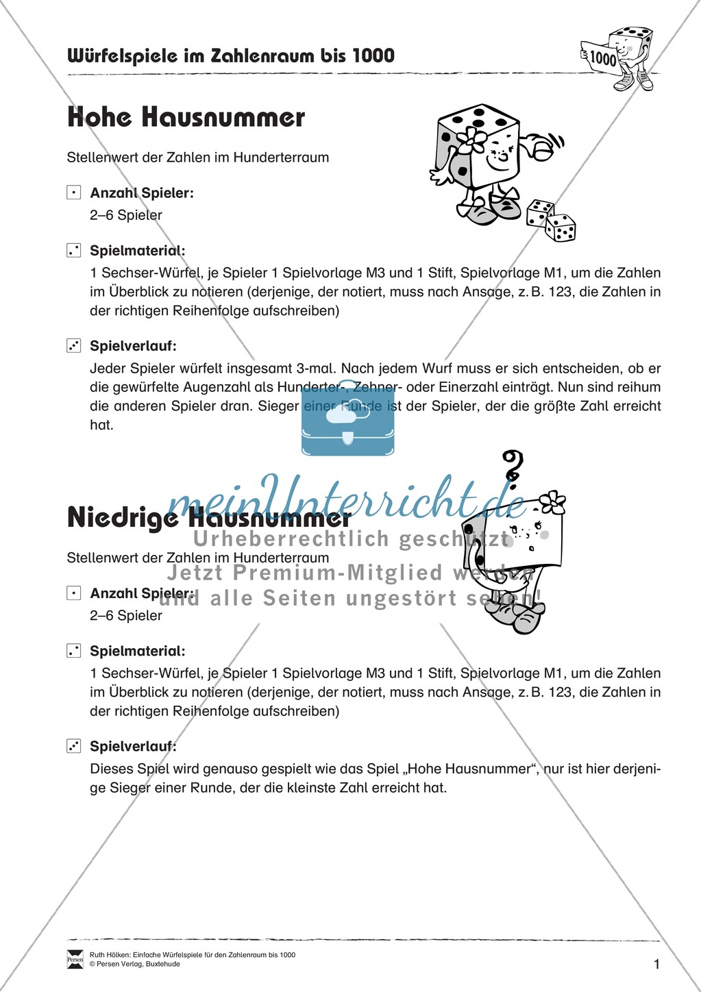 Würfelspiele zur Festigung von Rechenoperationen im Zahlenraum bis 1000 Preview 1