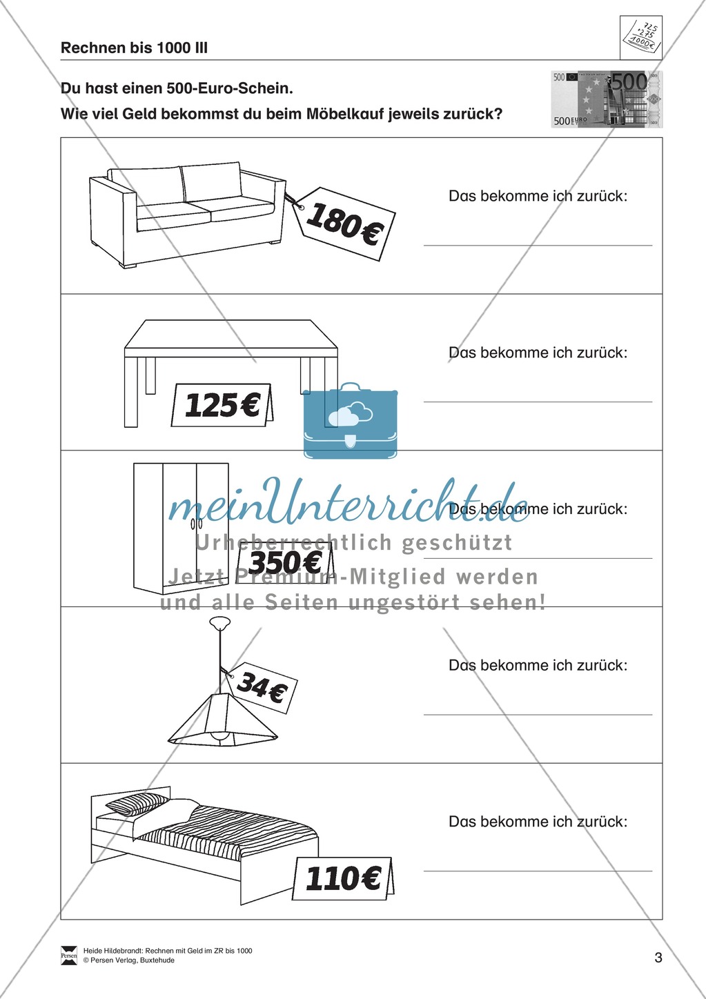 Arithmetik: Aufgaben und Lösungen zum Rechnen mit Geld im Zahlenraum bis 1000 Preview 3