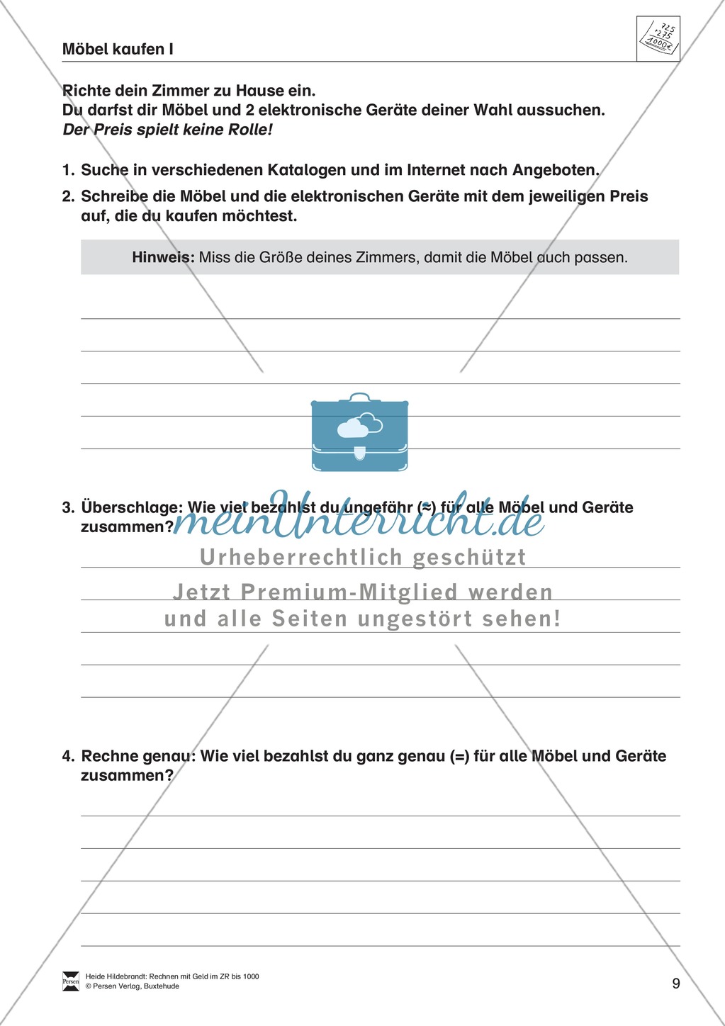Arithmetik: Aufgaben und Lösungen zum Rechnen mit Geld im Zahlenraum bis 1000 Preview 5