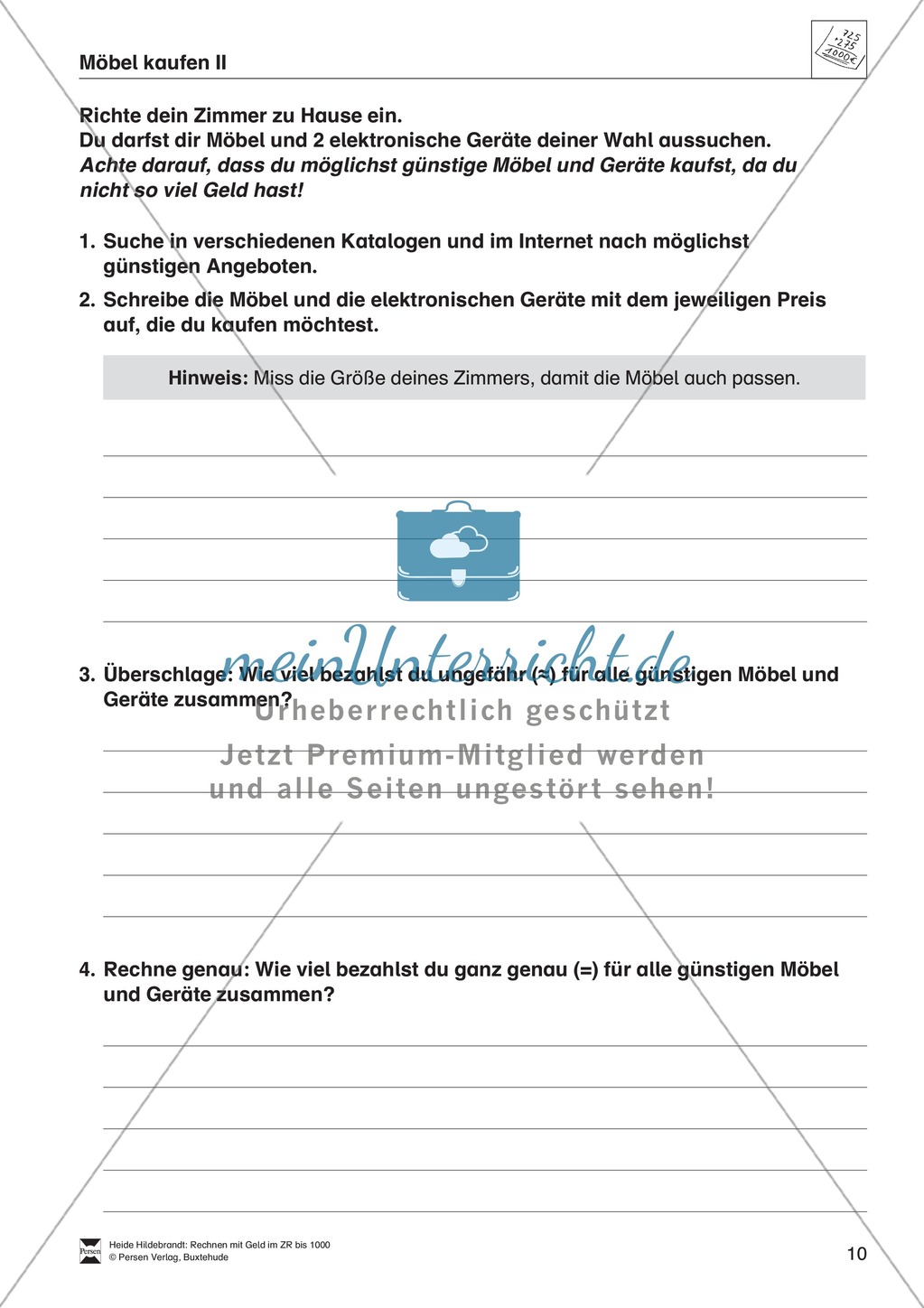Arithmetik: Aufgaben und Lösungen zum Rechnen mit Geld im Zahlenraum bis 1000 Preview 6