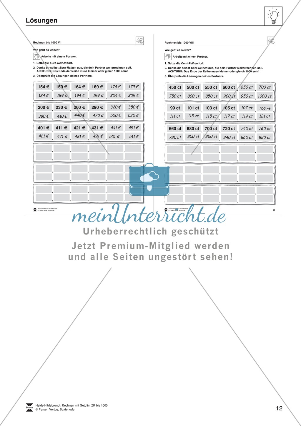 Arithmetik: Aufgaben und Lösungen in Partnerarbeit zum Rechnen mit Geld im Zahlenraum bis 1000 Preview 5