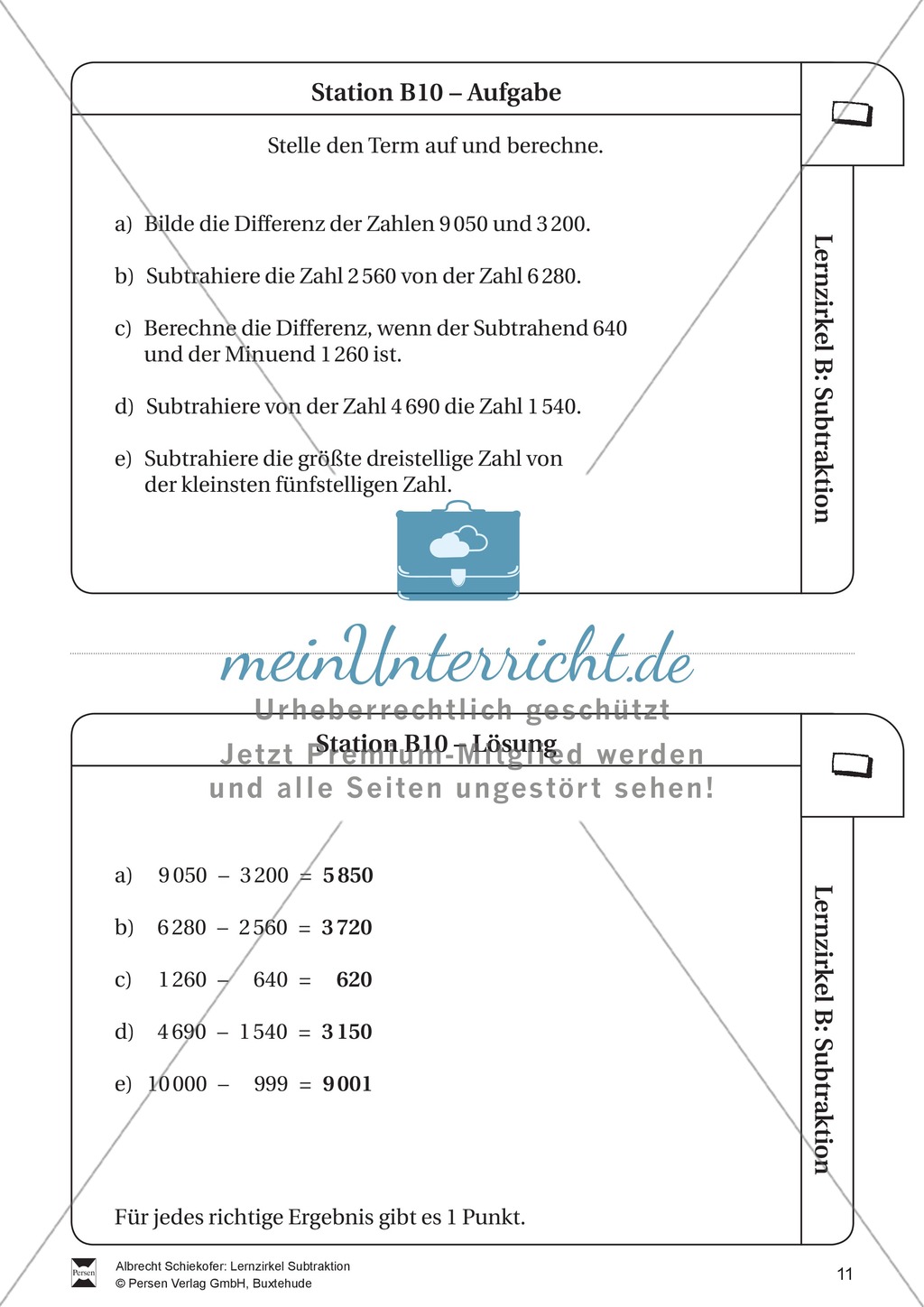 Lernzirkel Subtraktion: Fachausdrücke, Ergänzungen, Vorgänger, Stellenwerttafel, Terme aufstellen Preview 11