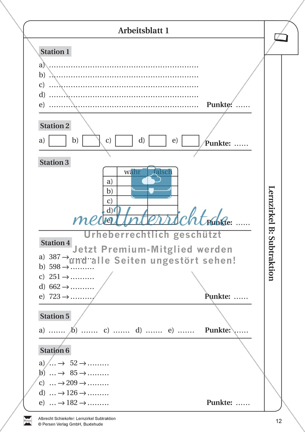 Lernzirkel Subtraktion: Fachausdrücke, Ergänzungen, Vorgänger, Stellenwerttafel, Terme aufstellen Preview 12