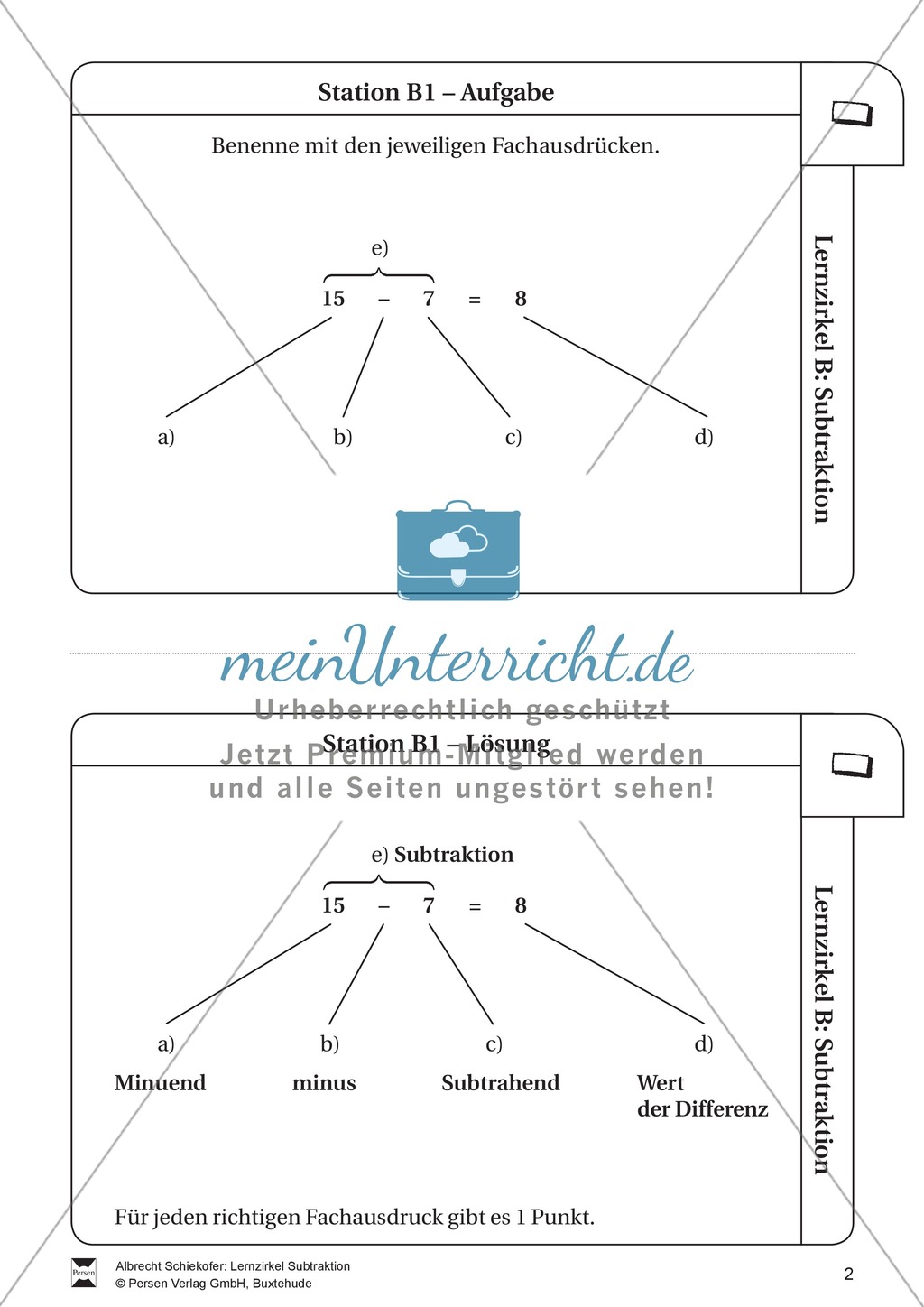 Lernzirkel Subtraktion: Fachausdrücke, Ergänzungen, Vorgänger, Stellenwerttafel, Terme aufstellen Preview 2
