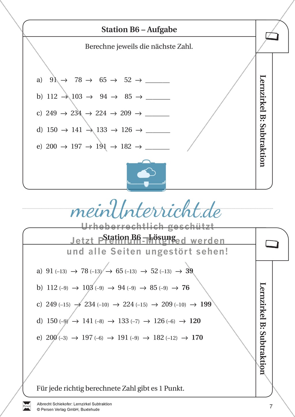 Lernzirkel Subtraktion: Fachausdrücke, Ergänzungen, Vorgänger, Stellenwerttafel, Terme aufstellen Preview 7