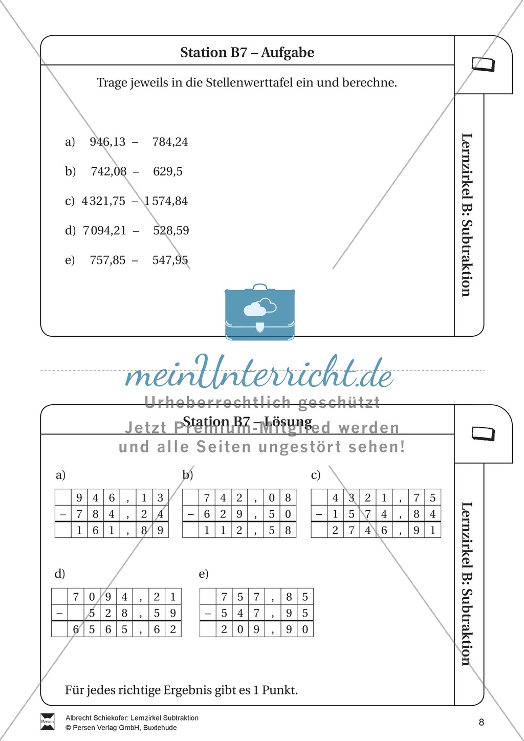 Lernzirkel Subtraktion: Fachausdrücke, Ergänzungen, Vorgänger, Stellenwerttafel, Terme aufstellen Preview 8
