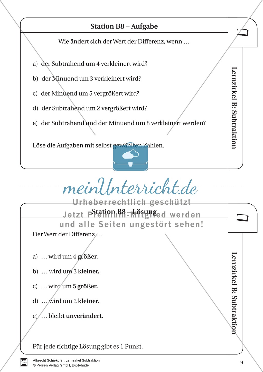 Lernzirkel Subtraktion: Fachausdrücke, Ergänzungen, Vorgänger, Stellenwerttafel, Terme aufstellen Preview 9