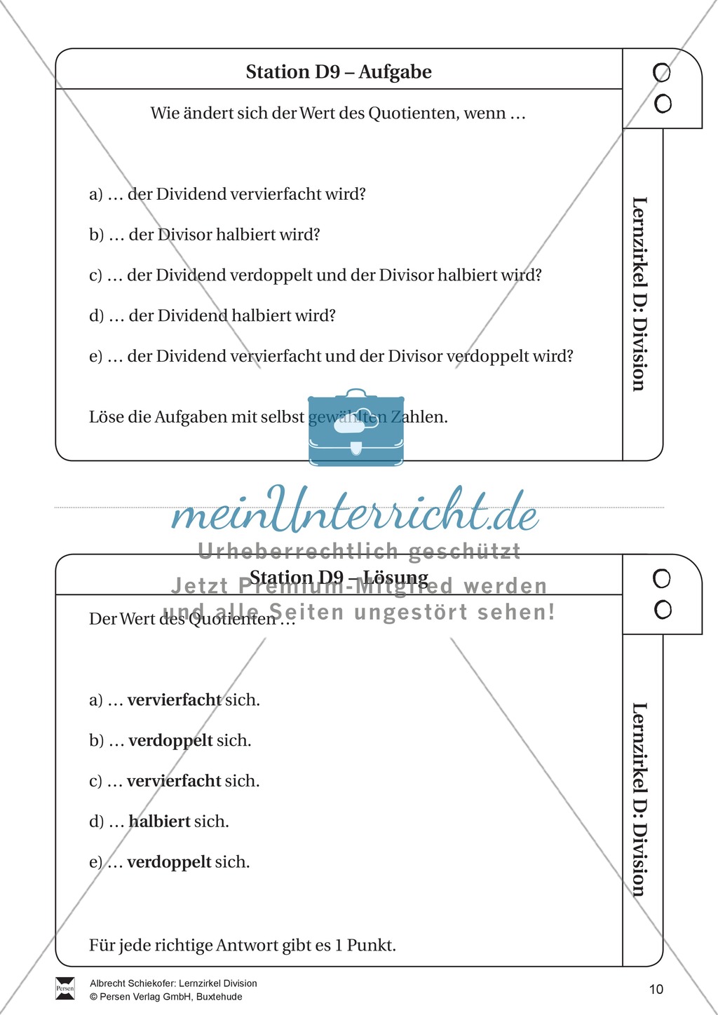 Lernzirkel Division: Fachausdrücke, Teilbarkeit, Division von Zehnerzahlen, Maßstab Preview 10