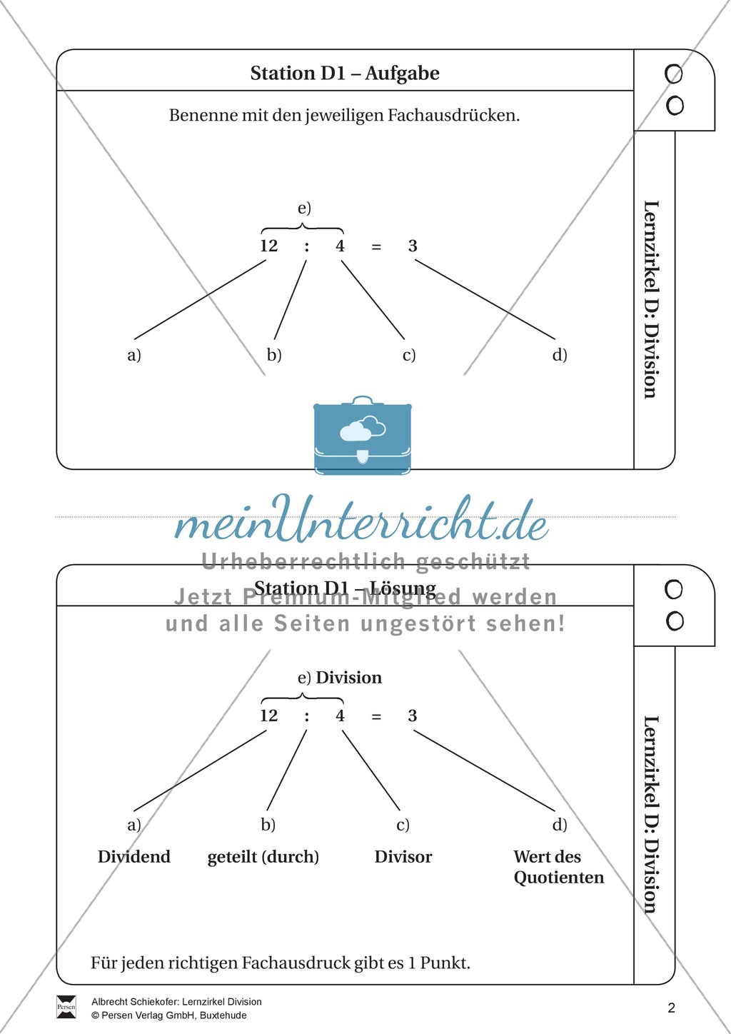 Lernzirkel Division: Fachausdrücke, Teilbarkeit, Division von Zehnerzahlen, Maßstab Preview 2