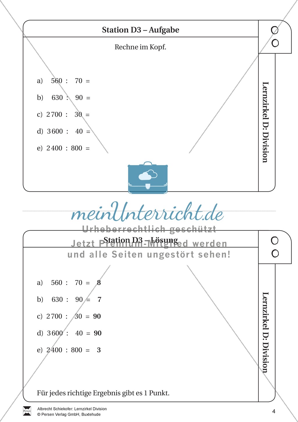 Lernzirkel Division: Fachausdrücke, Teilbarkeit, Division von Zehnerzahlen, Maßstab Preview 4