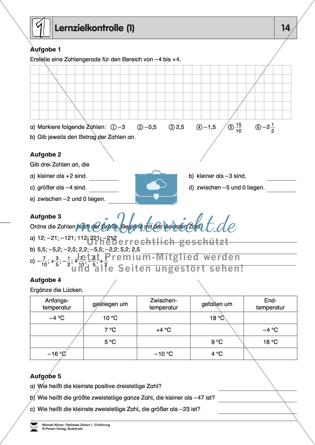 Lernzielkontrolle zu rationalen Zahlen - Zahlengerade, Zahlen ordnen, Differenzen Preview 1