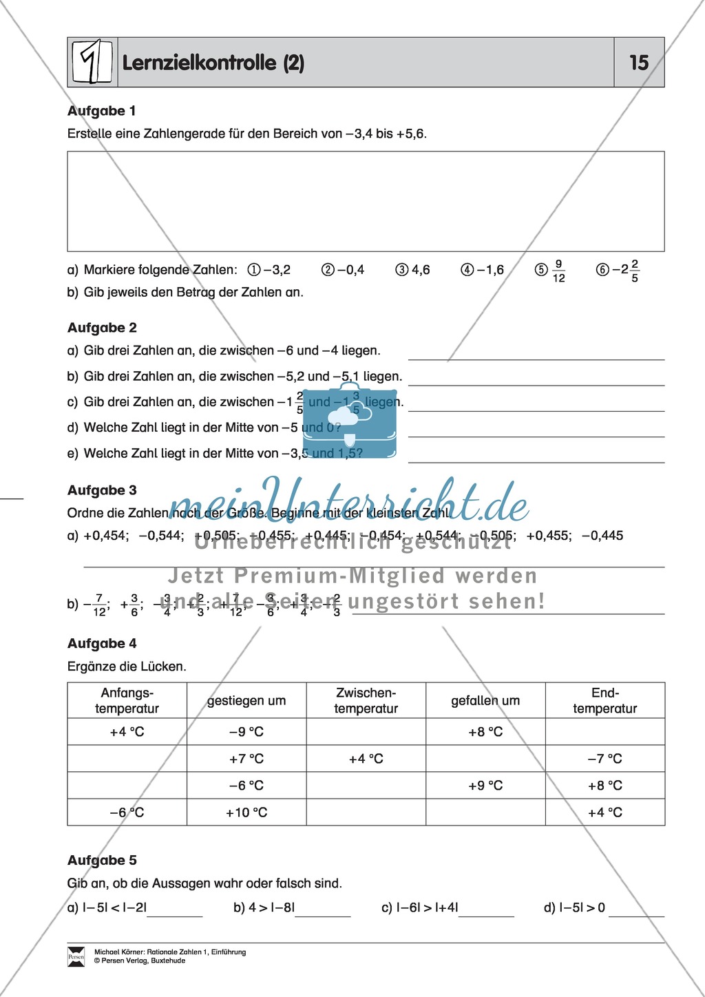 Lernzielkontrolle zu rationalen Zahlen - Zahlengerade, Zahlen ordnen, Differenzen Preview 2
