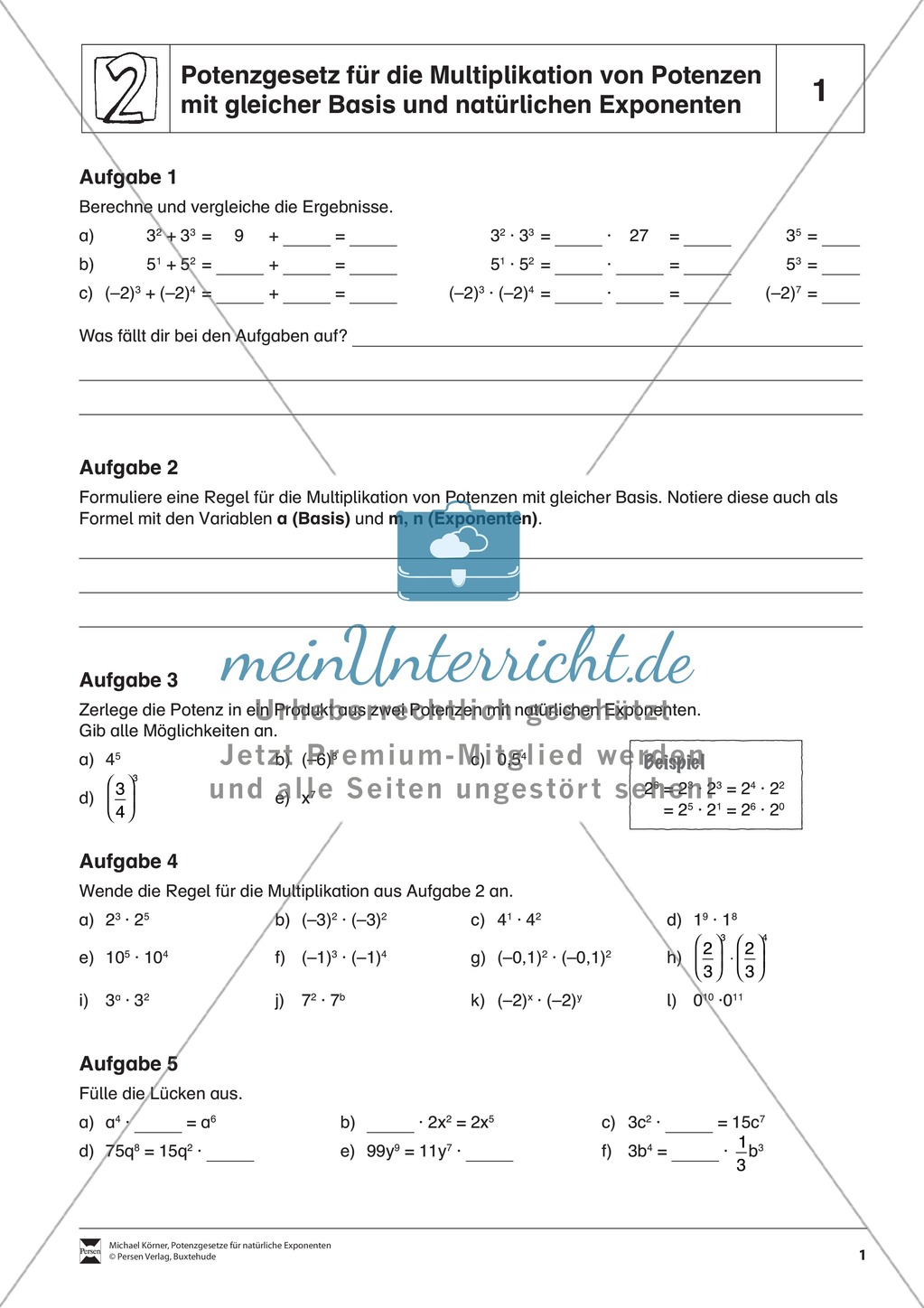 Potenzgesetz für die Multiplikation von Potenzen mit gleicher Basis und natürlichen Exponenten Preview 1