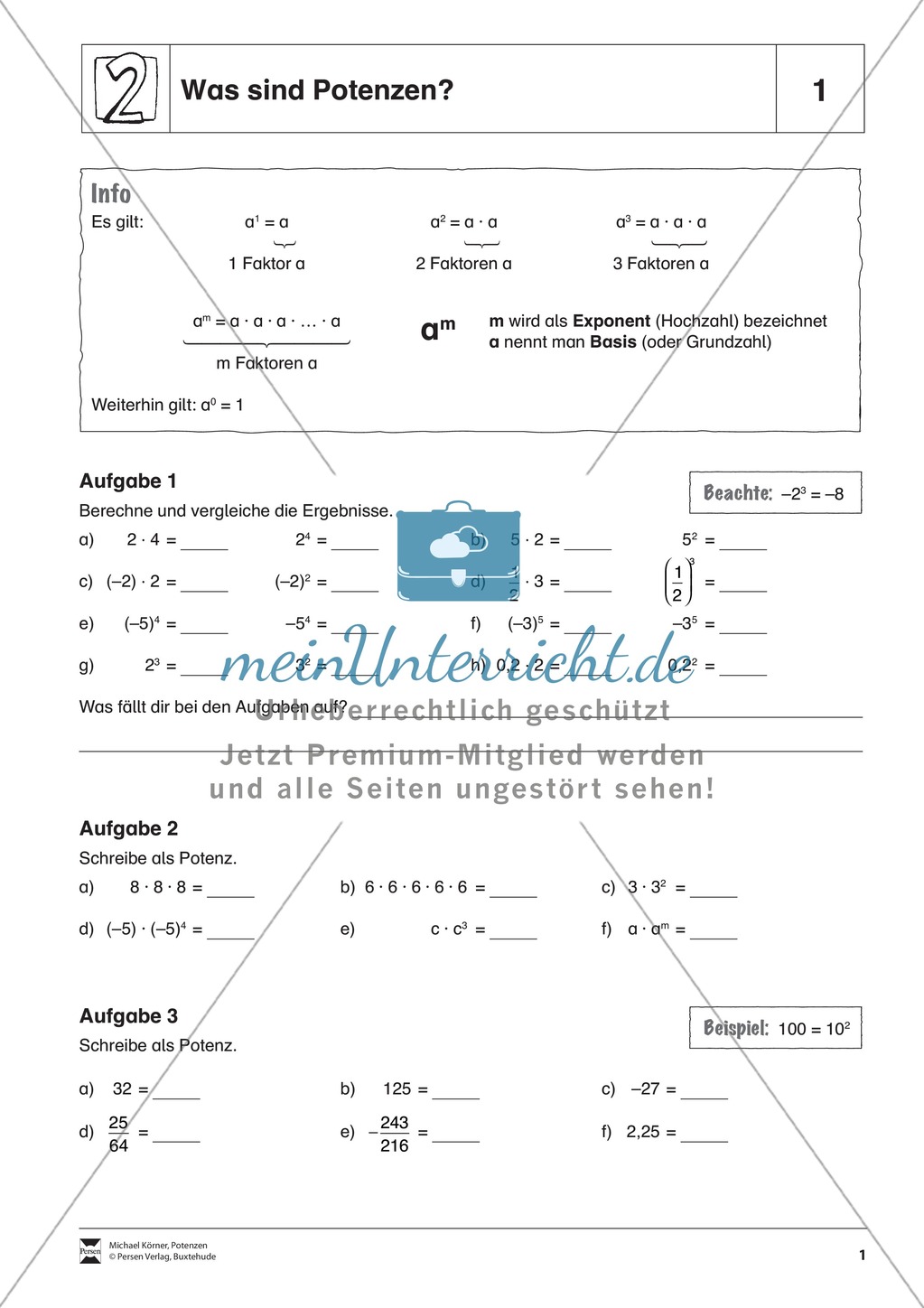 Aufgaben zur Einführung von Potenzen Preview 1