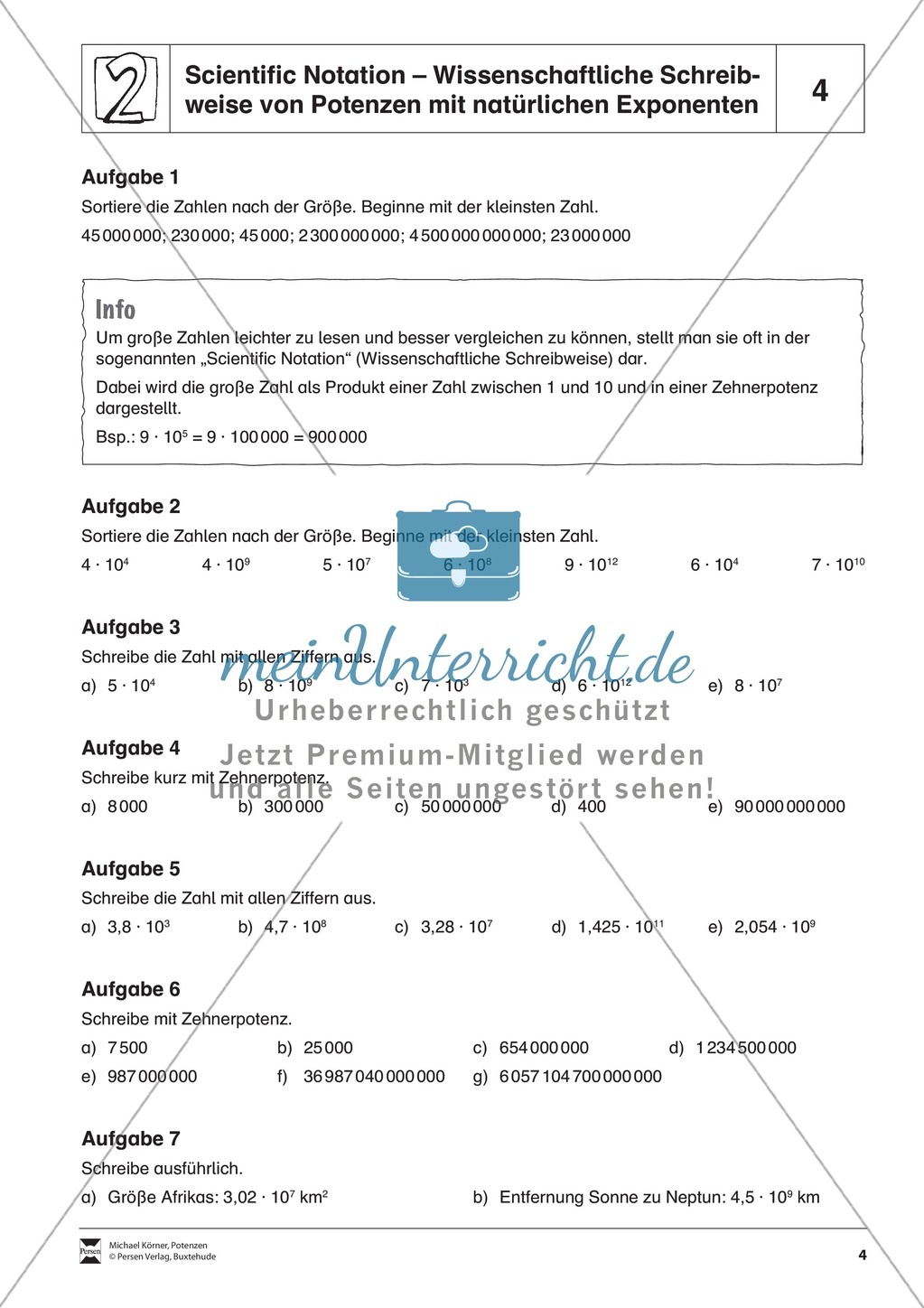 Aufgaben zur wissenschaftlichen Schreibweise von Potenzen mit natürlichen Exponenten,