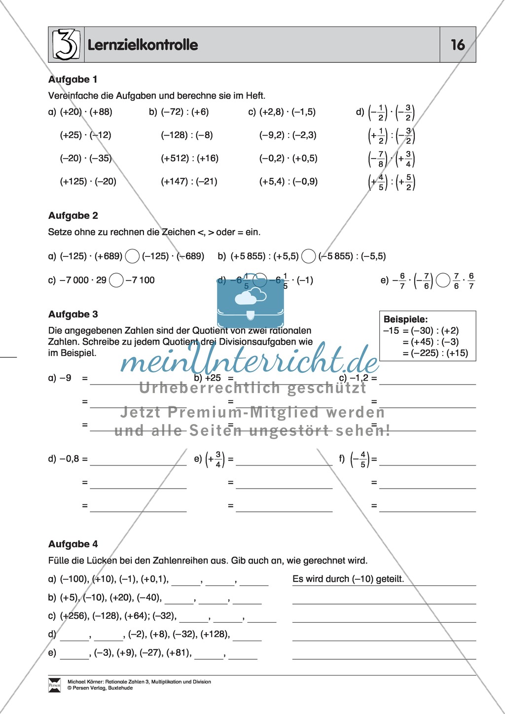 Lernzielkontrolle zur Multiplikation und Division von rationalen Zahlen Preview 1