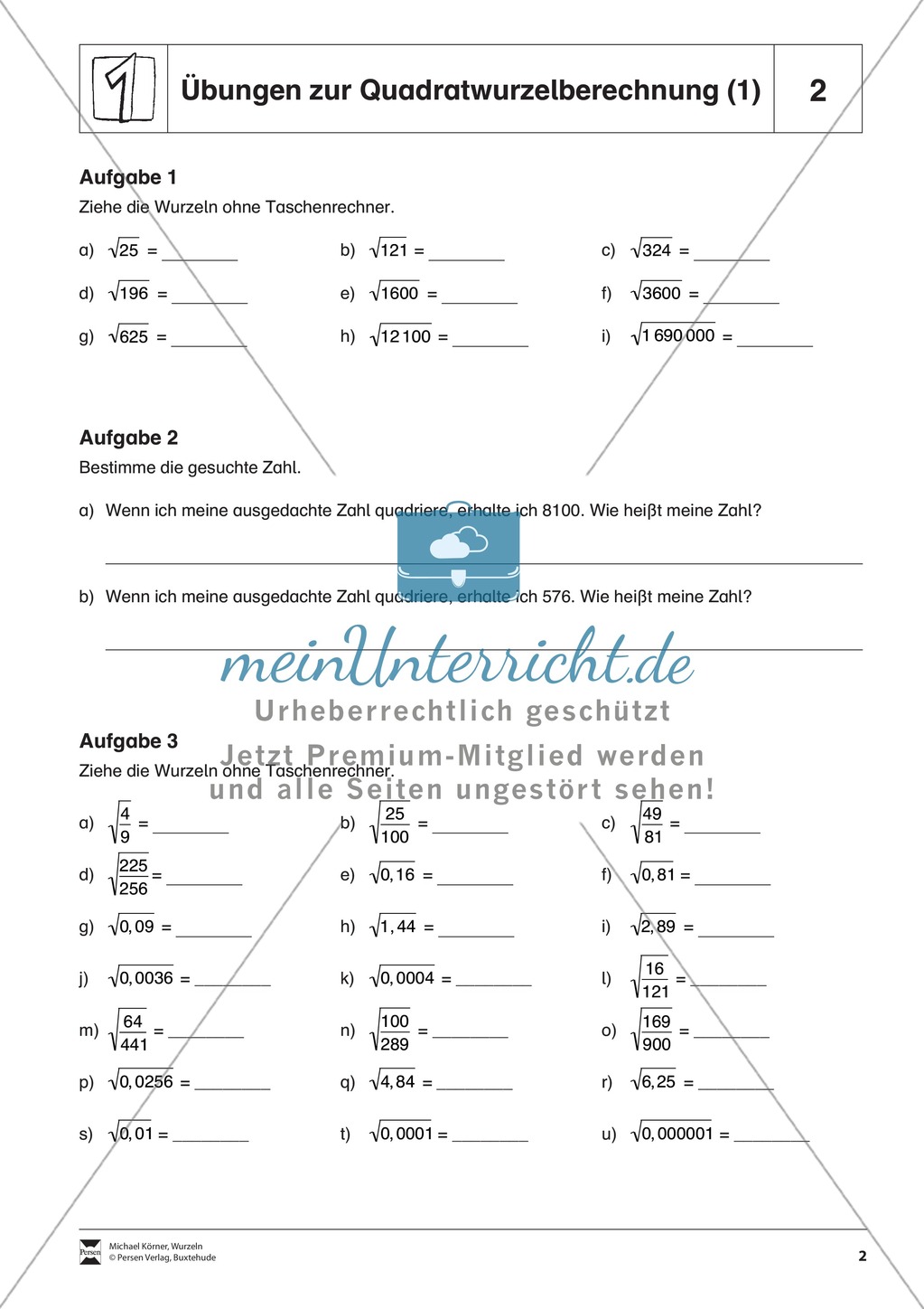 Quadratwurzelberechnung - Erläuterung und Übungen Preview 2