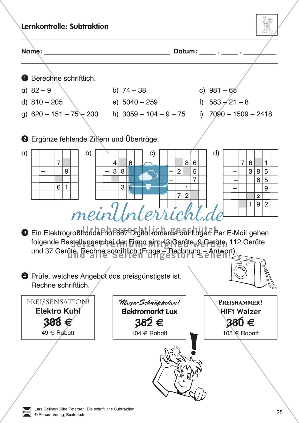 Lernkontrolle: Schriftliche Subtraktion Preview 1