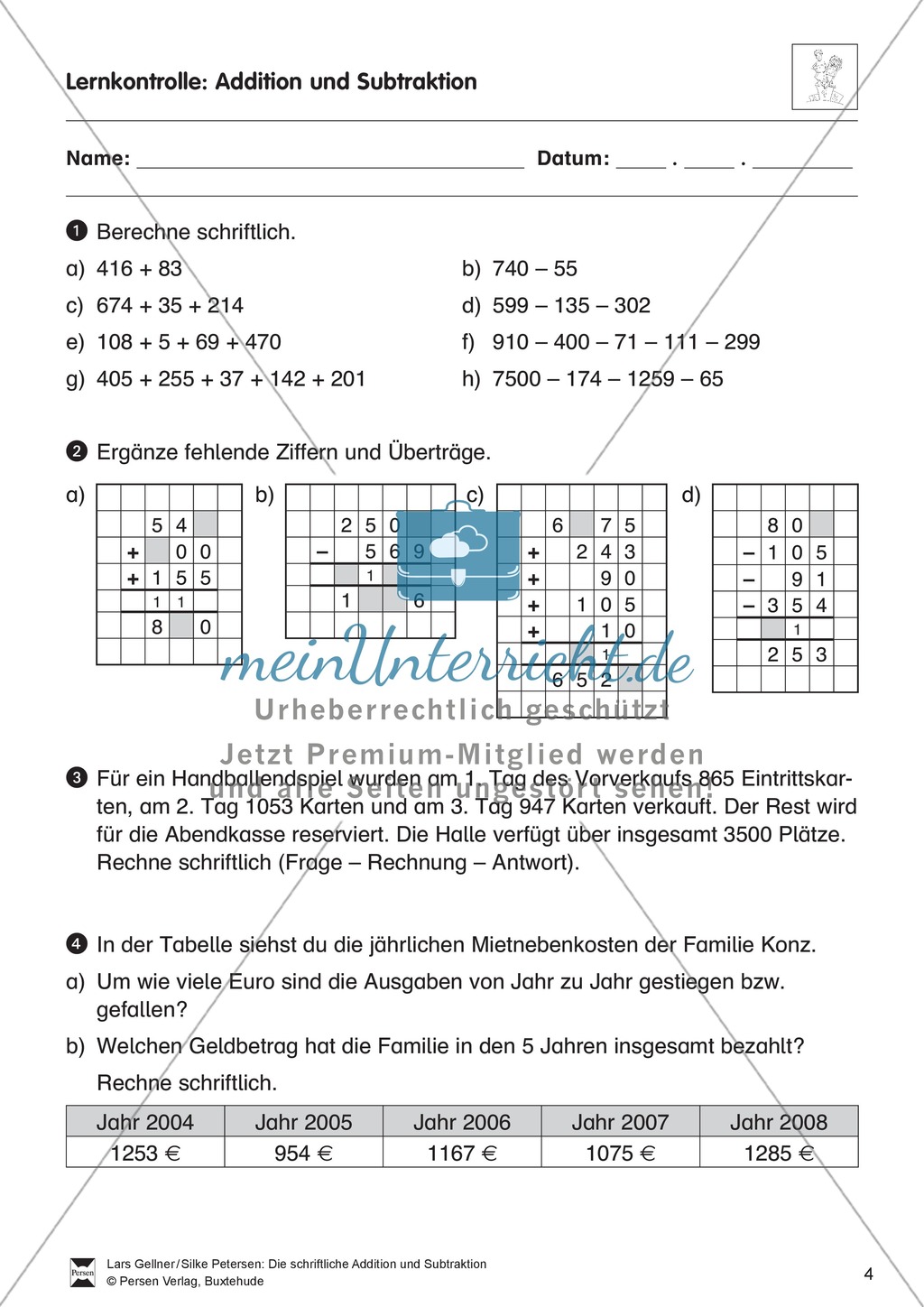 Gemischte Übungen zur schriftlichen Addition und Subtraktion Preview 4