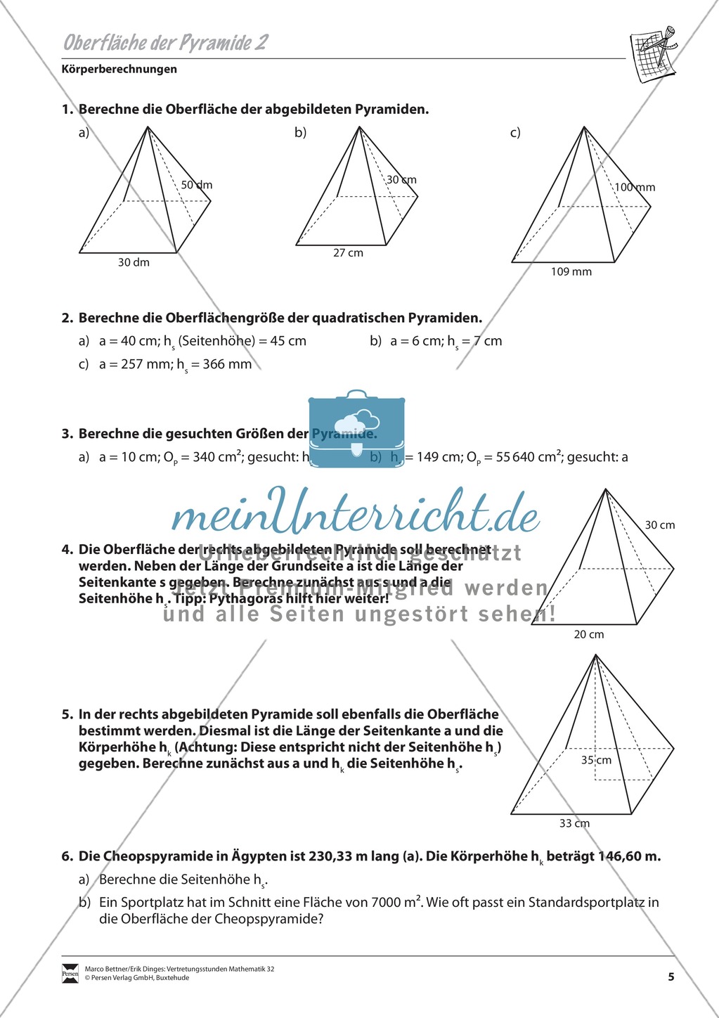 Körperberechnungen: Oberfläche der Pyramide Preview 2