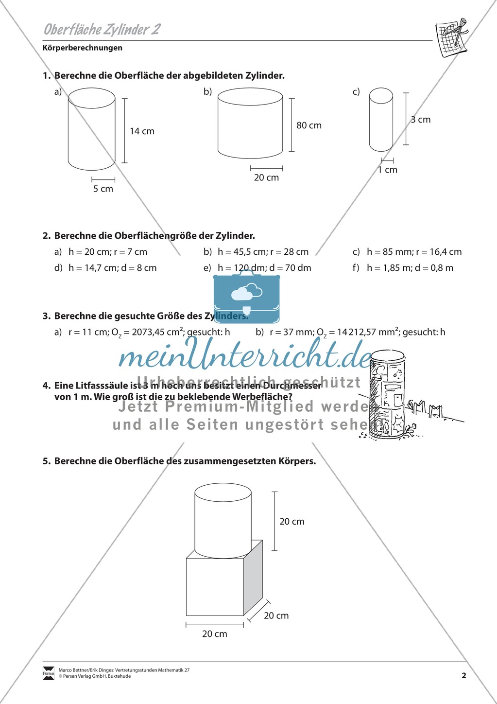 Geometrische Körper: Die Oberfläche des Zylinders berechnen Preview 2