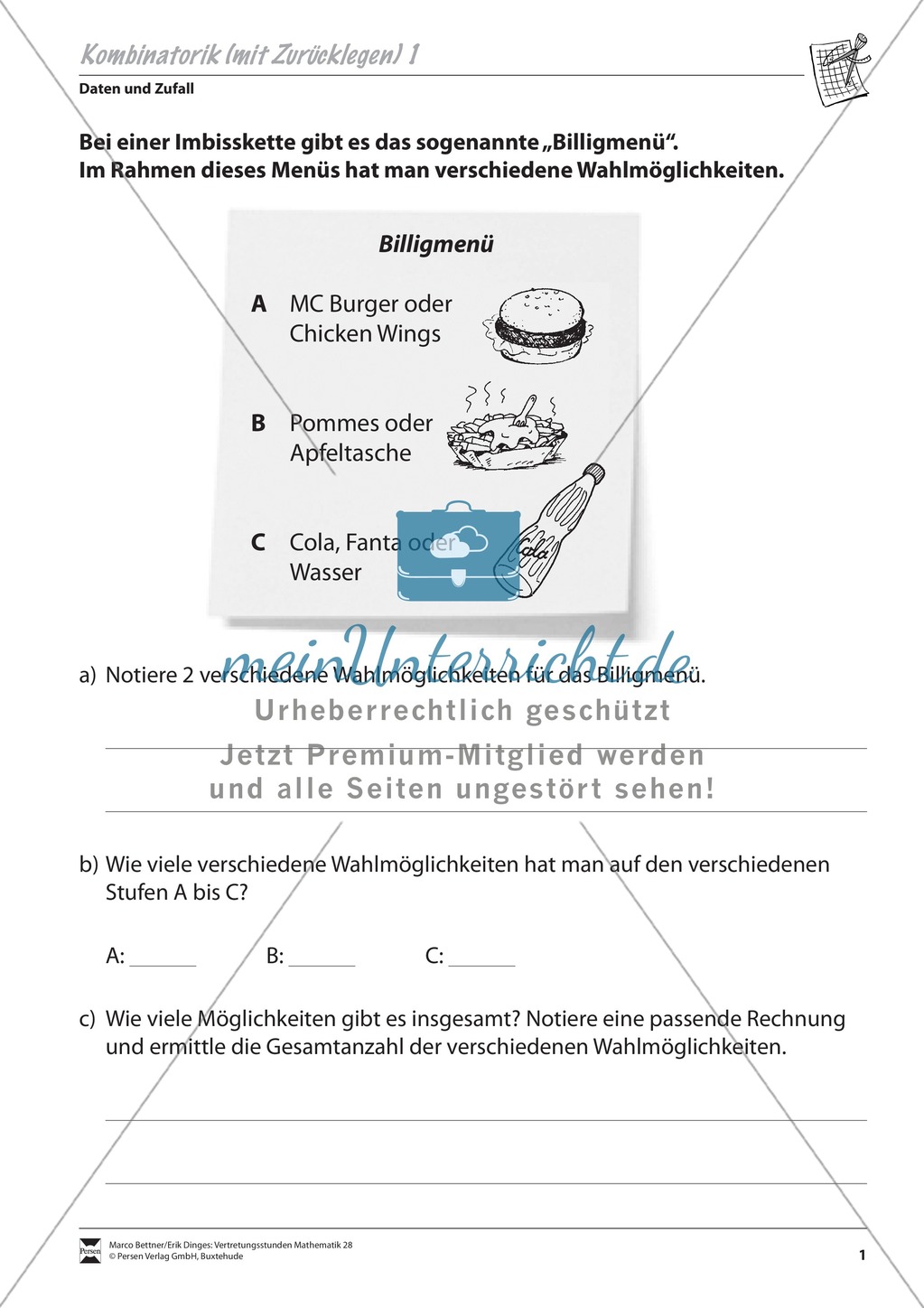 Daten und Zufall: Aufgaben zur Kombinatorik Preview 1