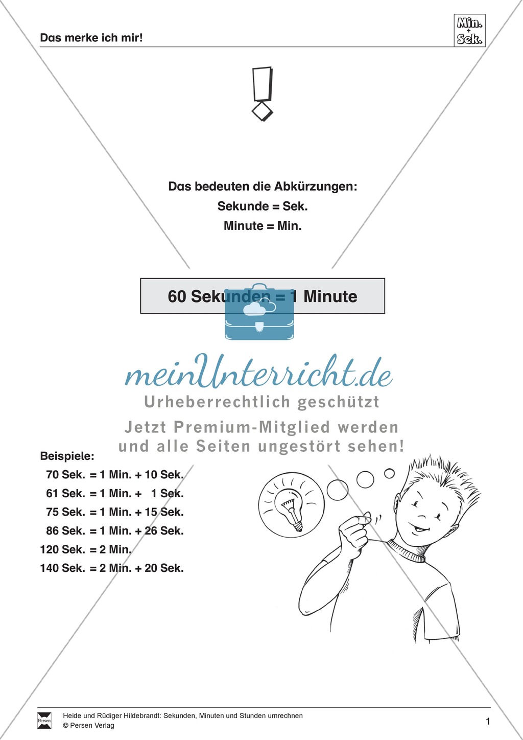 Größeneinheiten: Merkhilfe und Umrechnungstabelle zum Rechnen mit den Zeiteinheiten Sekunde und Minute Preview 1