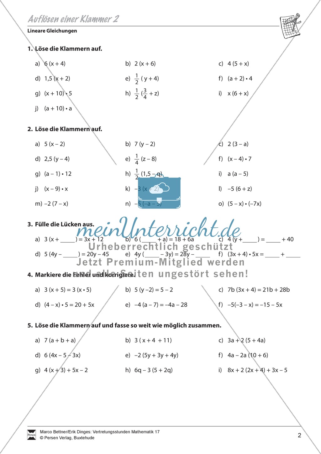 Lineare Gleichungen: Aufgaben zum Auflösen einer Klammer ...