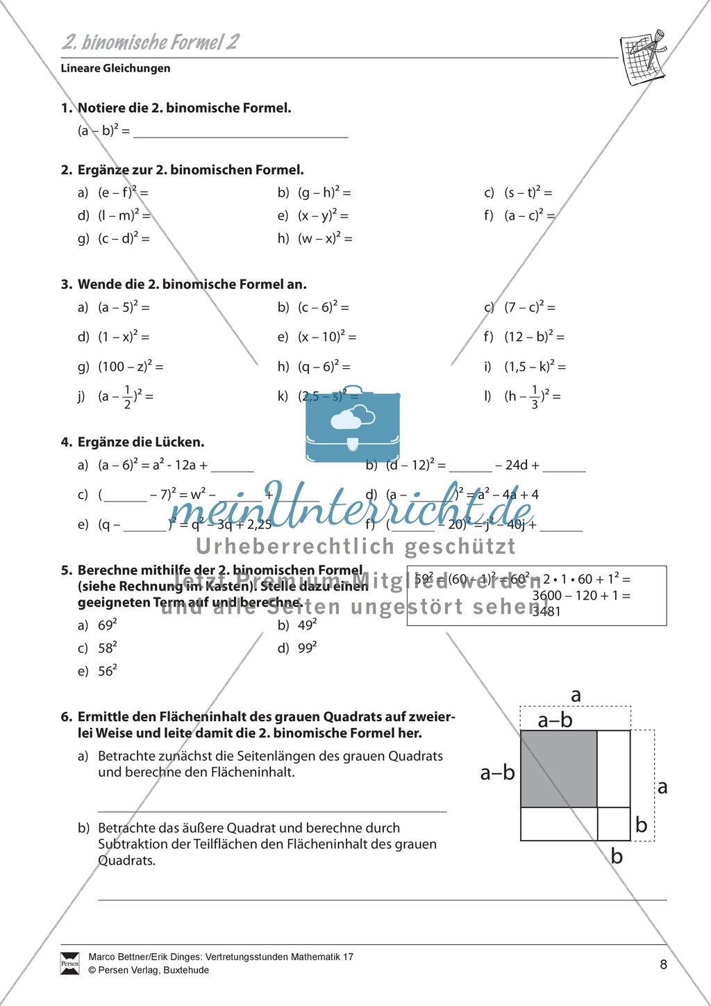 Lineare Gleichungen: Übungen zu den binomischen Formeln Preview 5