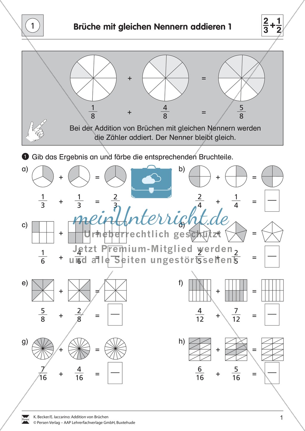 Bruchrechnung: Addition von gleichnamigen Brüchen Preview 1