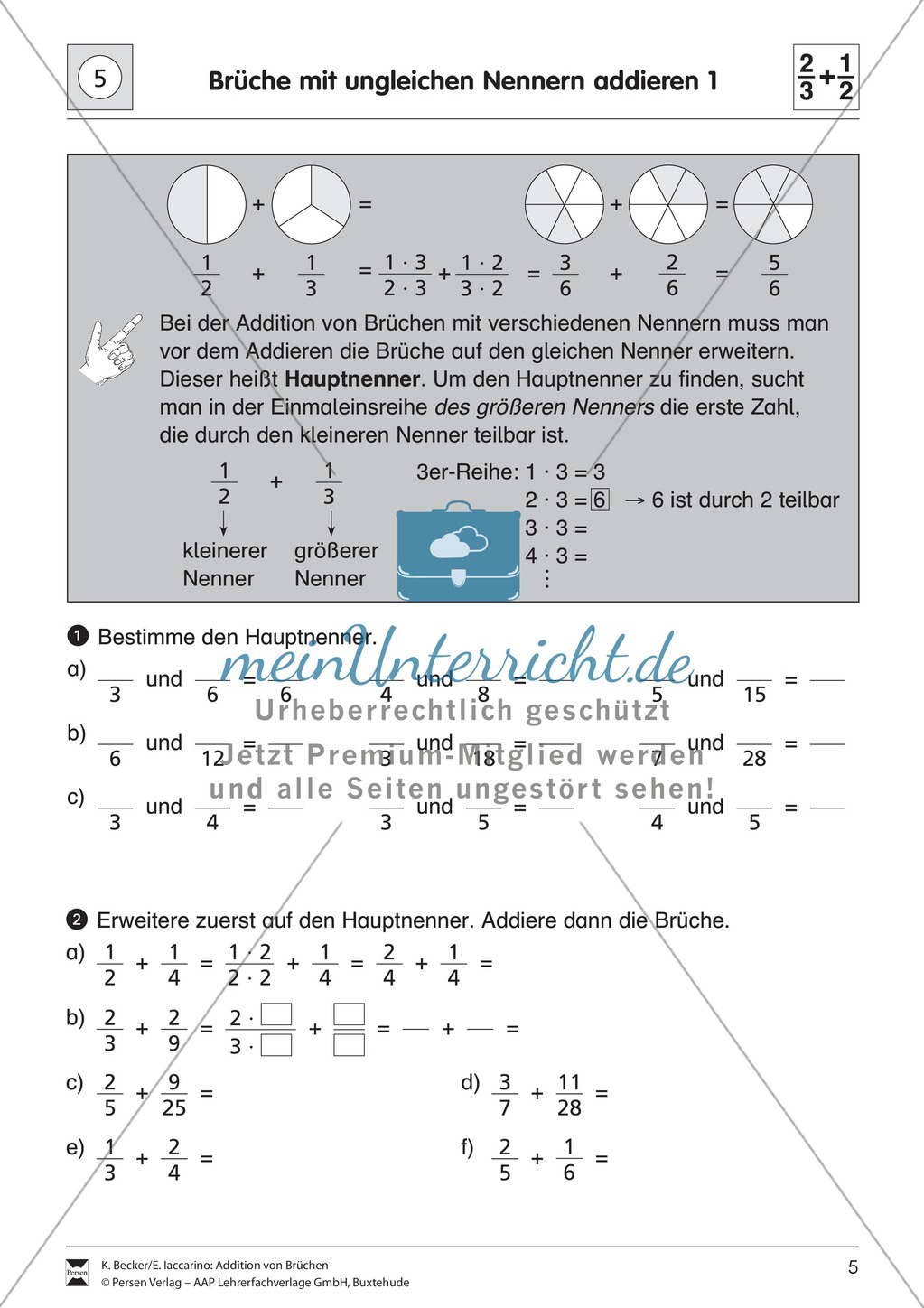Bruchrechnung: Addition von Brüchen mit ungleichnamigen Nennern Preview 1