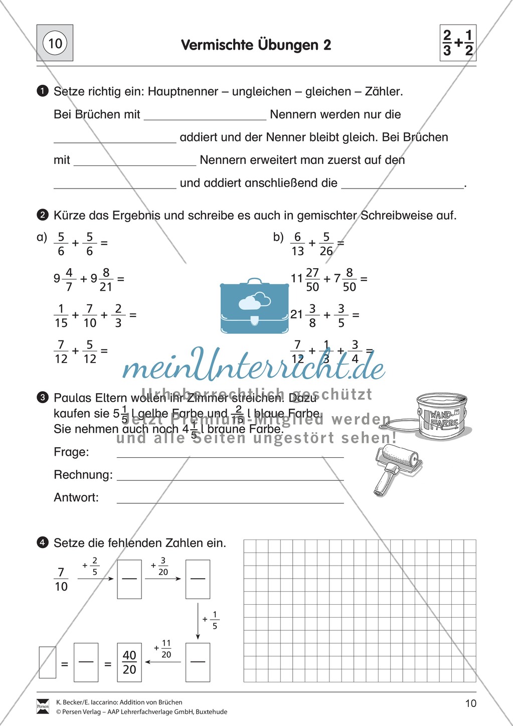 Bruchrechnung: Vermischte Aufgaben zur Addition von Brüchen Preview 2