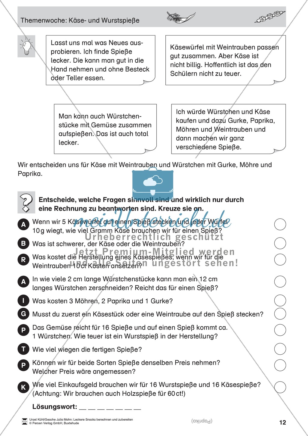 Projekt zum Sachrechnen: Käse- und Wurstspieße herstellen und Inhaltsstoffe und Preise berechnen Preview 12