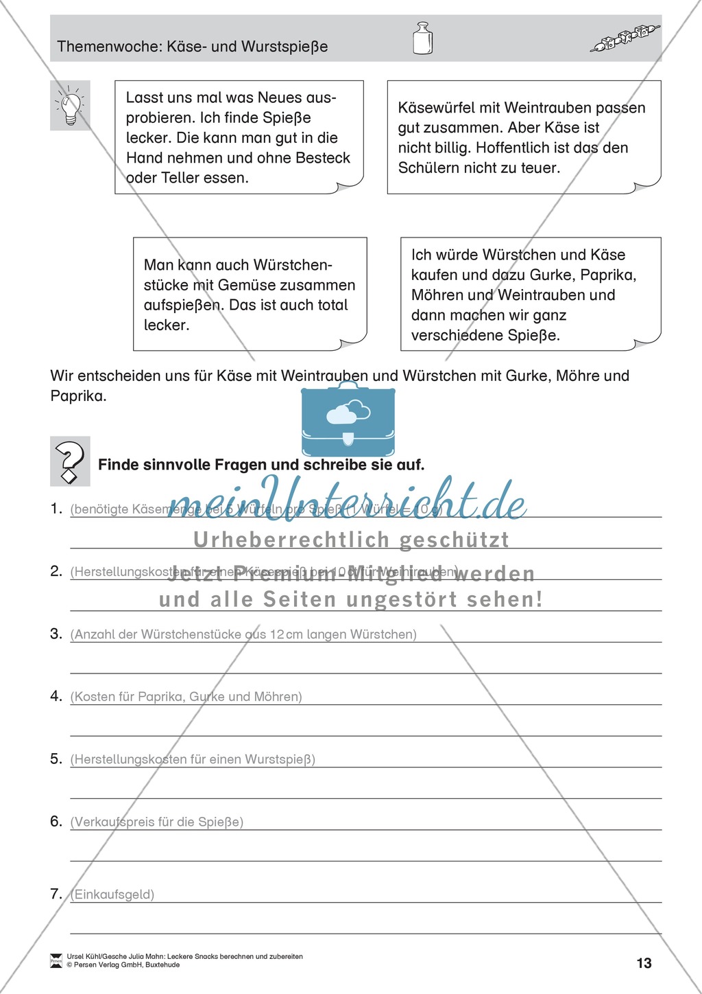 Projekt zum Sachrechnen: Käse- und Wurstspieße herstellen und Inhaltsstoffe und Preise berechnen Preview 13