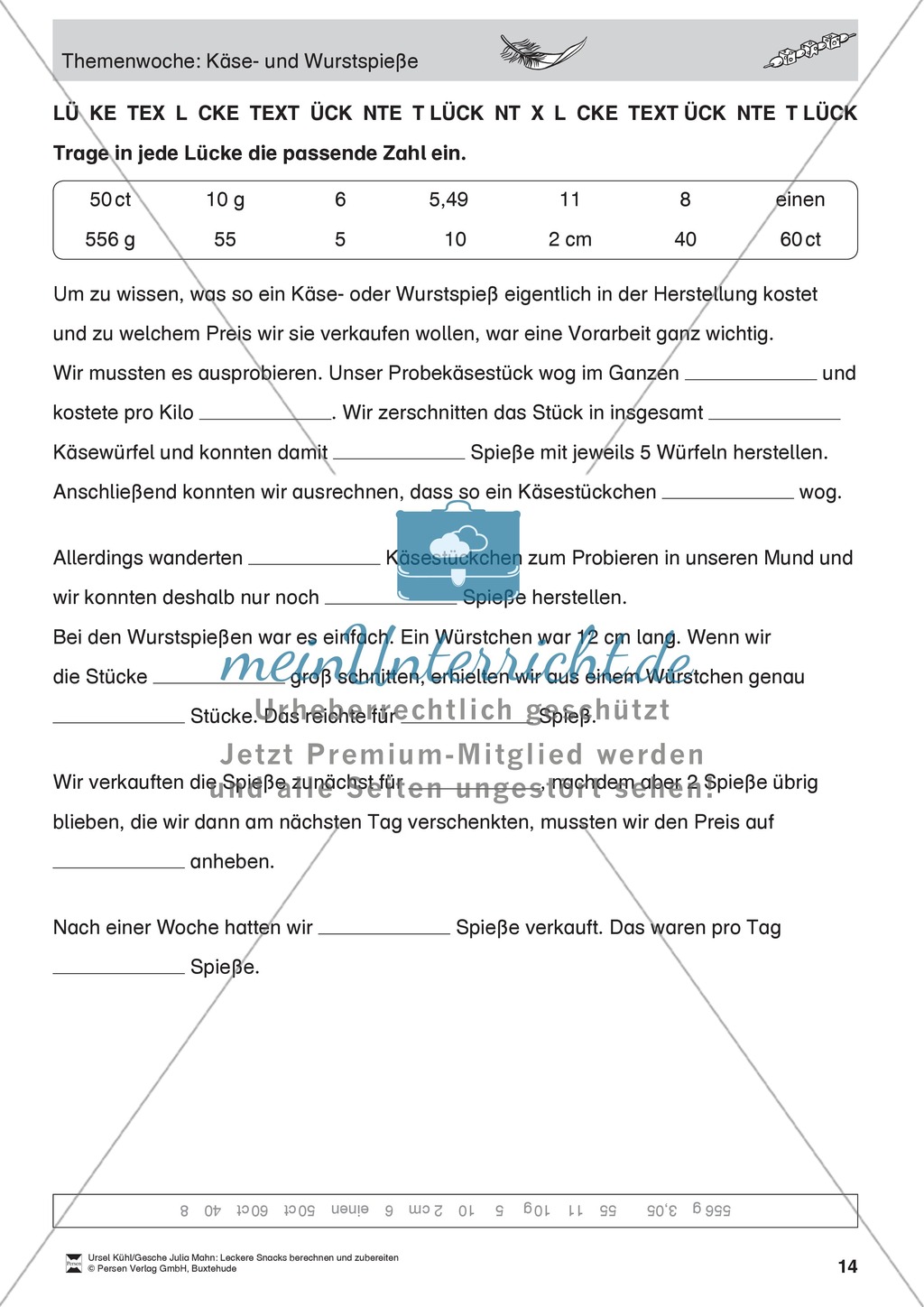 Projekt zum Sachrechnen: Käse- und Wurstspieße herstellen und Inhaltsstoffe und Preise berechnen Preview 14