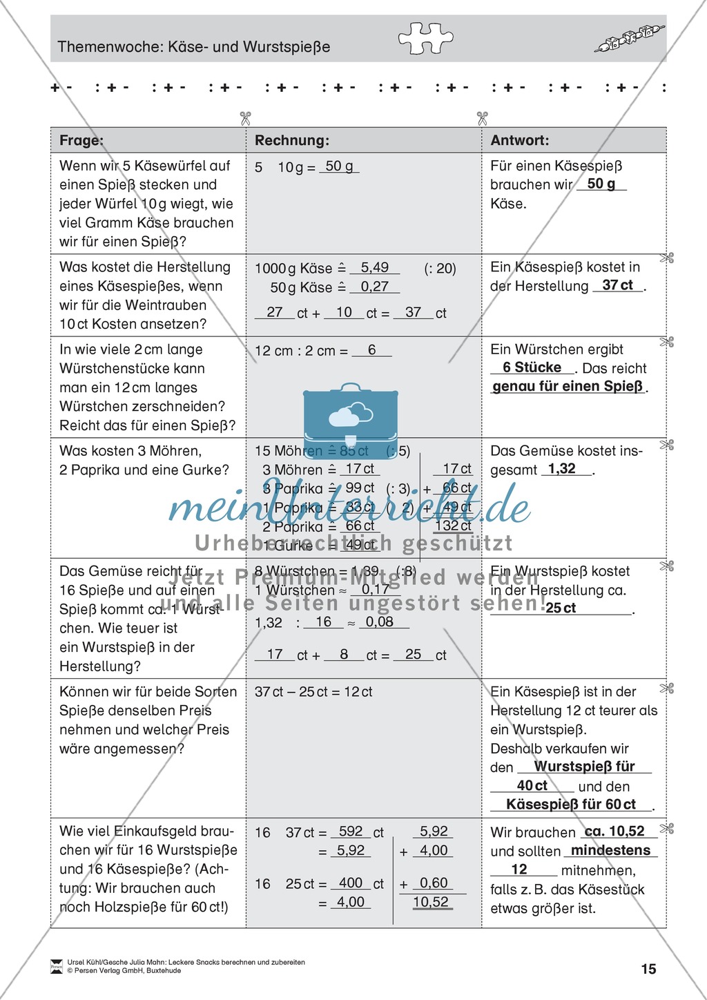 Projekt zum Sachrechnen: Käse- und Wurstspieße herstellen und Inhaltsstoffe und Preise berechnen Preview 15