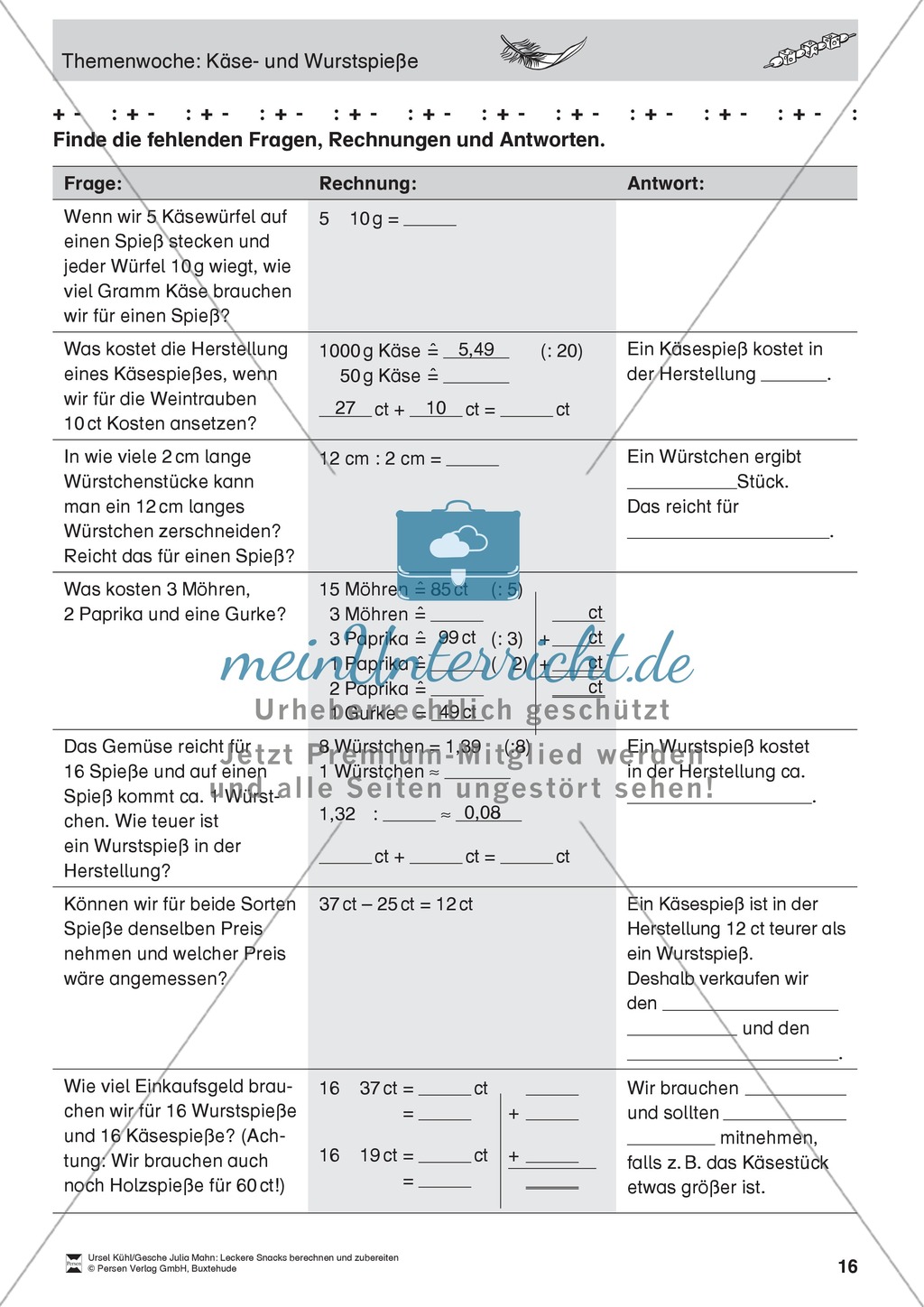 Projekt zum Sachrechnen: Käse- und Wurstspieße herstellen und Inhaltsstoffe und Preise berechnen Preview 16