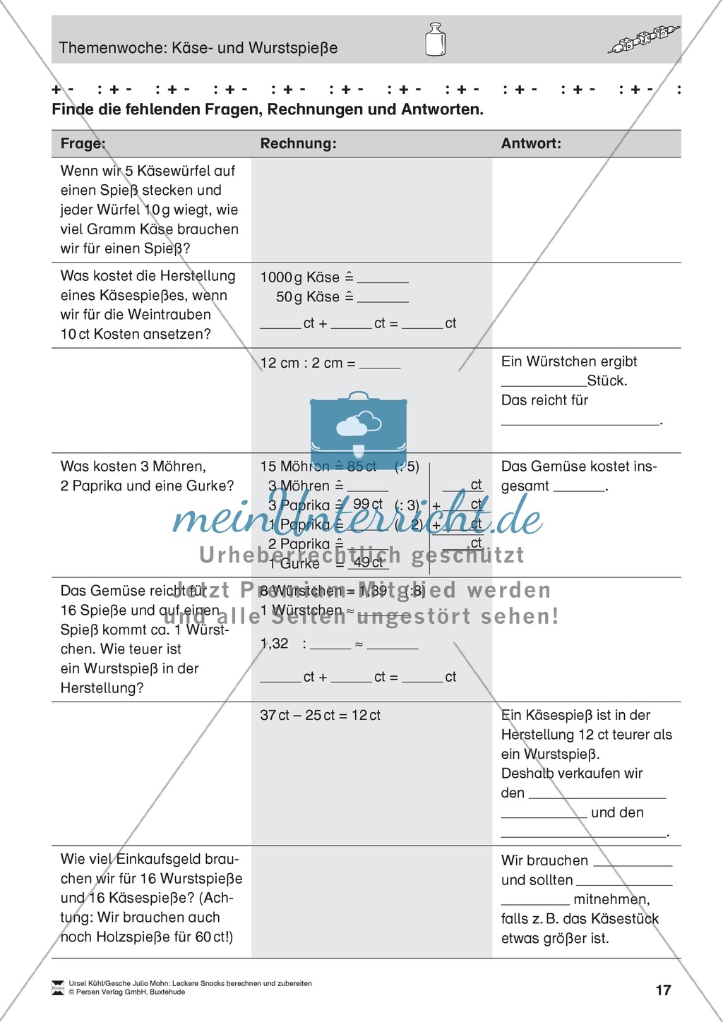 Projekt zum Sachrechnen: Käse- und Wurstspieße herstellen und Inhaltsstoffe und Preise berechnen Preview 17
